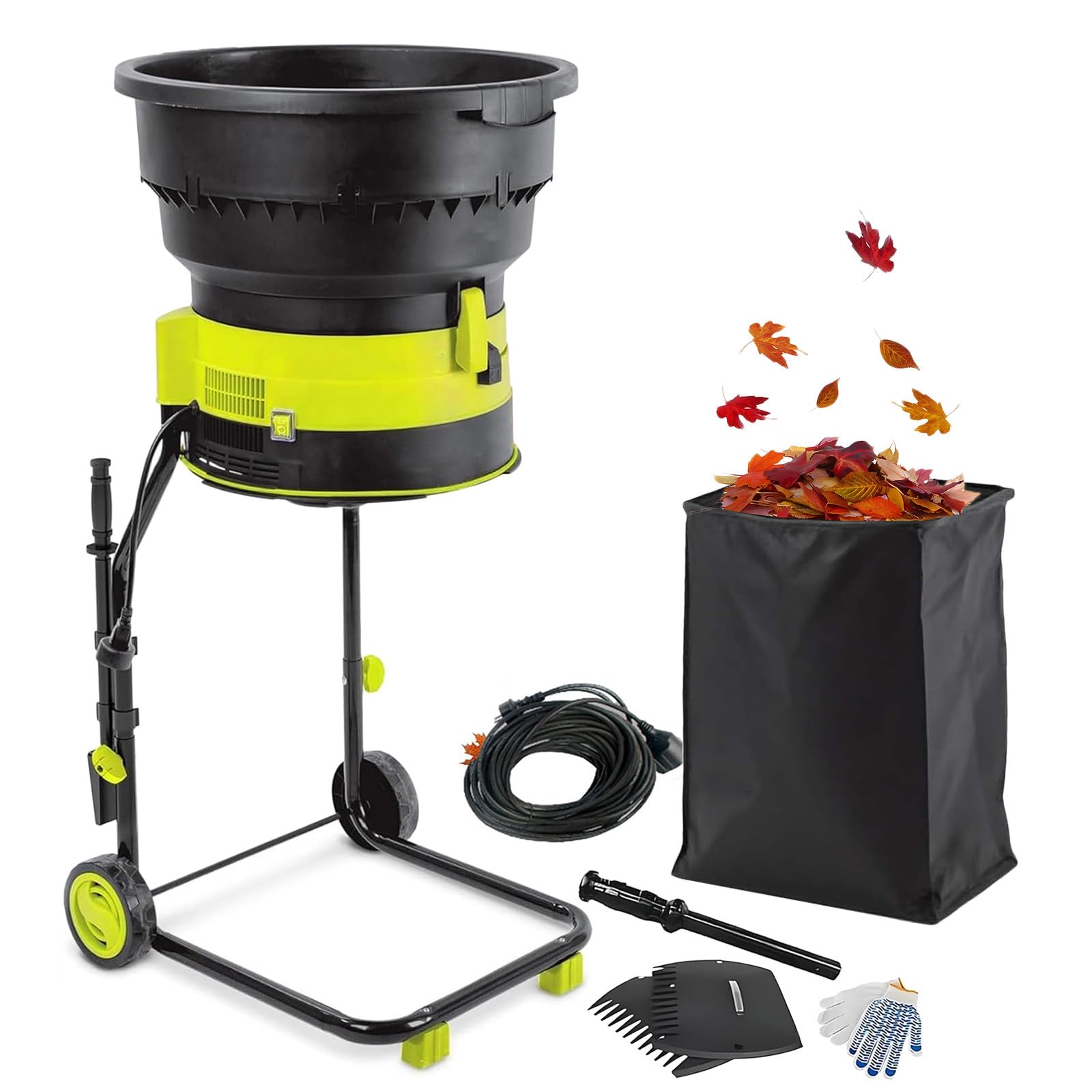 Trituradora Eléctrica de Hojas de 2500 W con Ruedas, Trituradora de Jardín Sin Cuchillas, 8000 Rpm, Herramienta de Limpieza de Jardín, Compostadora, Incluye Bolsa de Almacenamiento 10M Wire