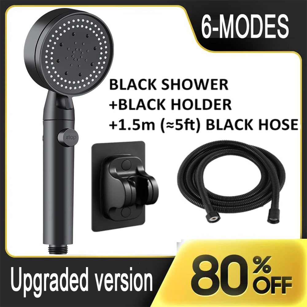 Pommeau de Douche Haute Pression 5 Modes Pommeaux de Douche réglables avec Tuyau Économie d'eau Buse de pulvérisation d'arrêt à Une Touche Accessoires de Salle de Bain, Style 1, Tuyau Noir