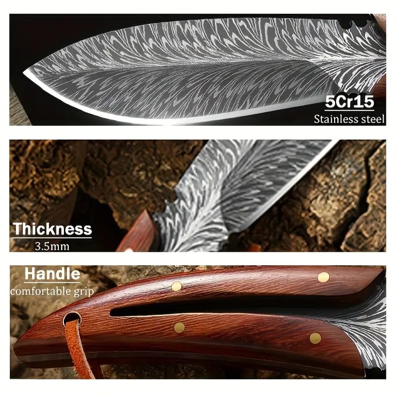Image of Professional Butcher Knife Hand Forged Boning Knife with Sheath Viking Style, High Carbon Steel Japanese Chef Knife Chopping Knife for Kitchen (Feather Shape Knife)