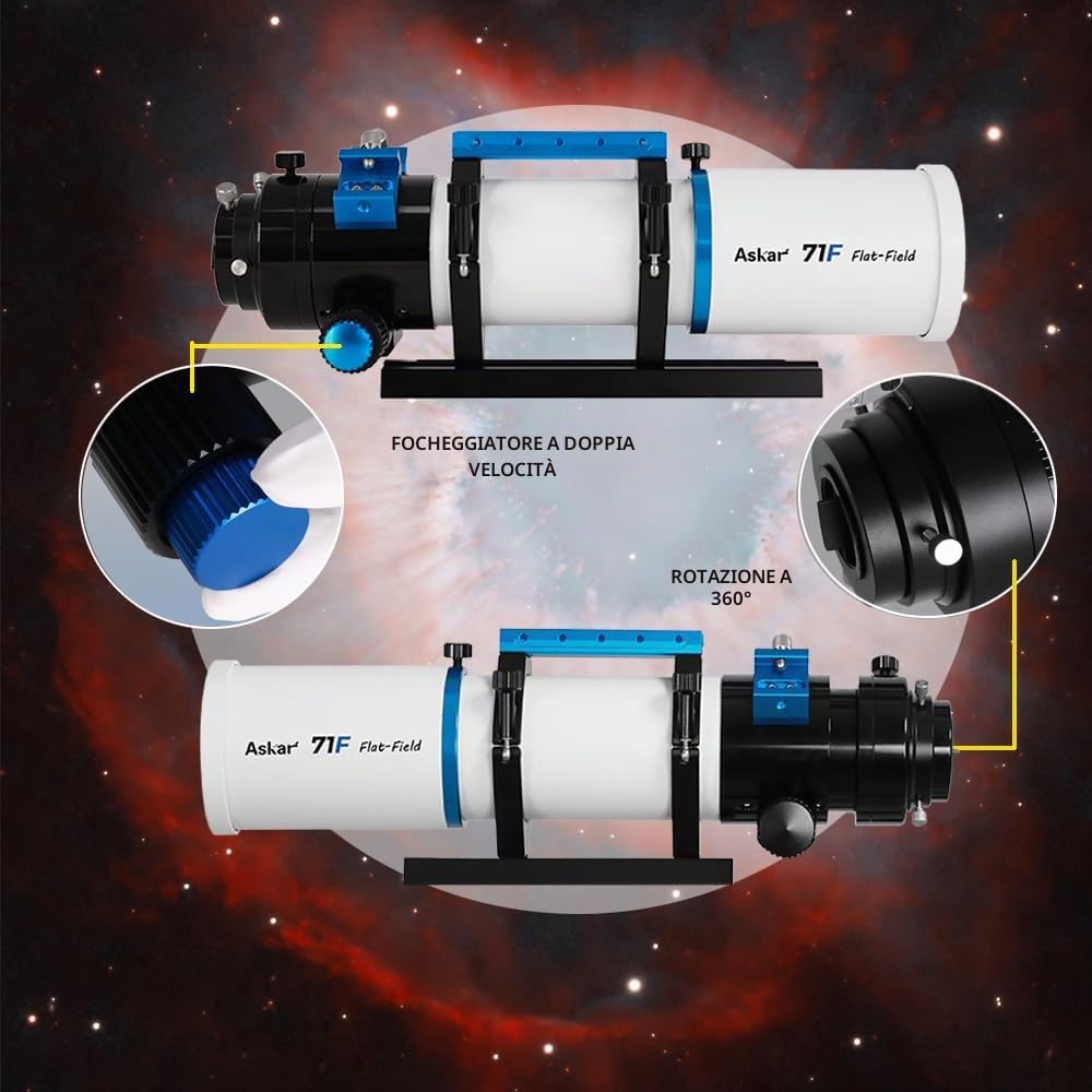 Askar 71F Flat Field Telescope F6.9 ED Glass Refractor 71mm OTA Aperture Quadruplet Airspaced Quadruplet Piastra a coda di rondine da 230 mm per astrofotografia Deep Sky