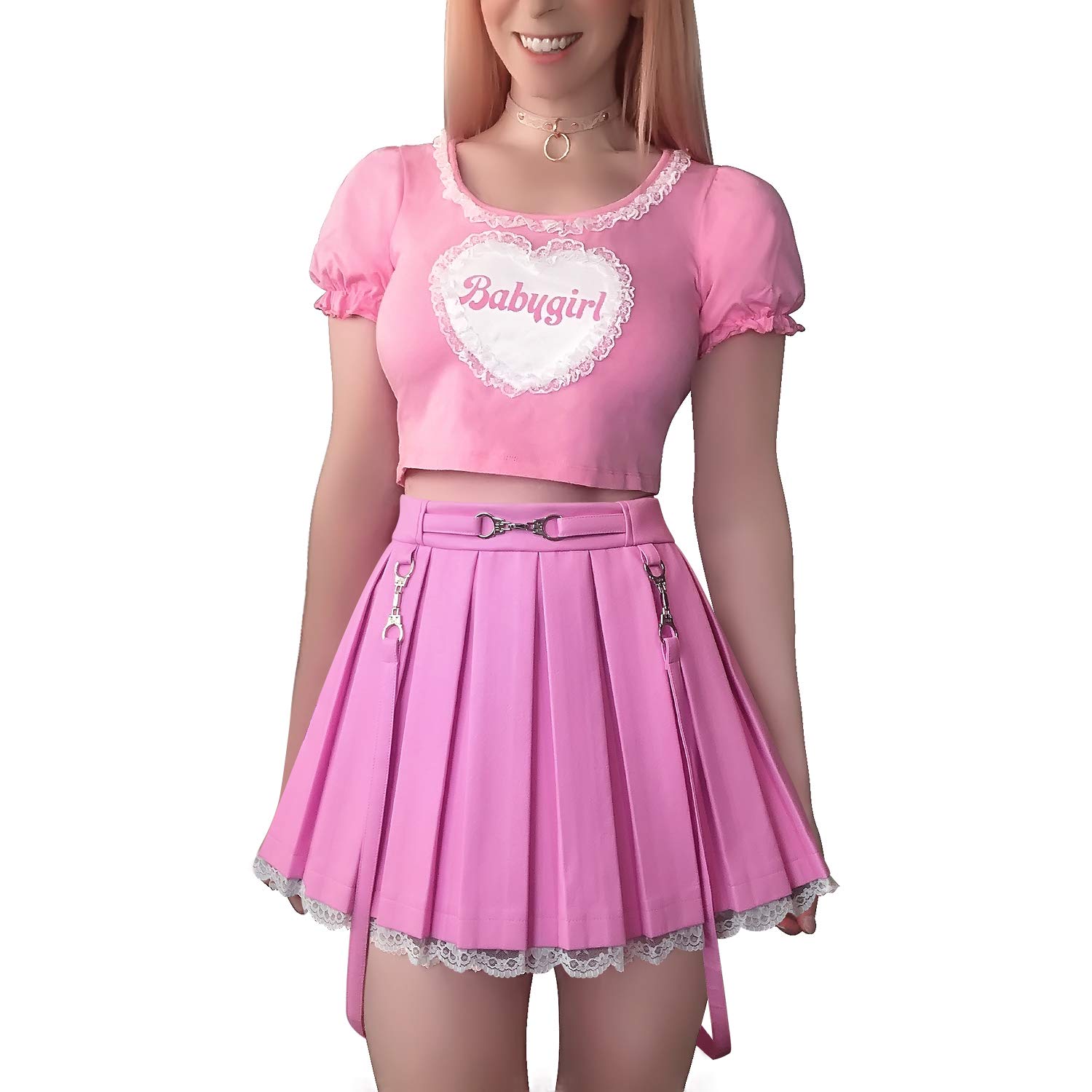 Littleforbig Women's A-Line Pleated Faux Leather Flared Casual Lace Trim Mini Skirts - Troublemaker: 3X-Large Pink