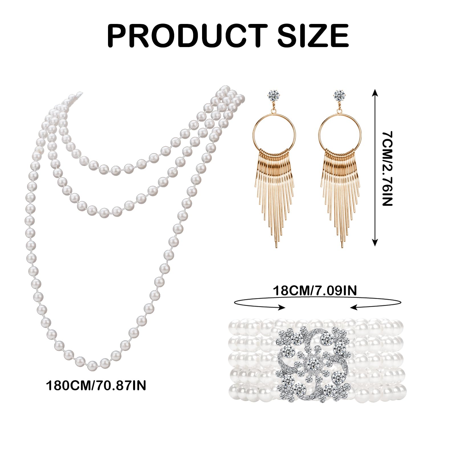 1920s Pearl Jewelry Set - Long Pearl Necklace, Earring Set, Multilayer Bracelet - Flapper Accessories for Women