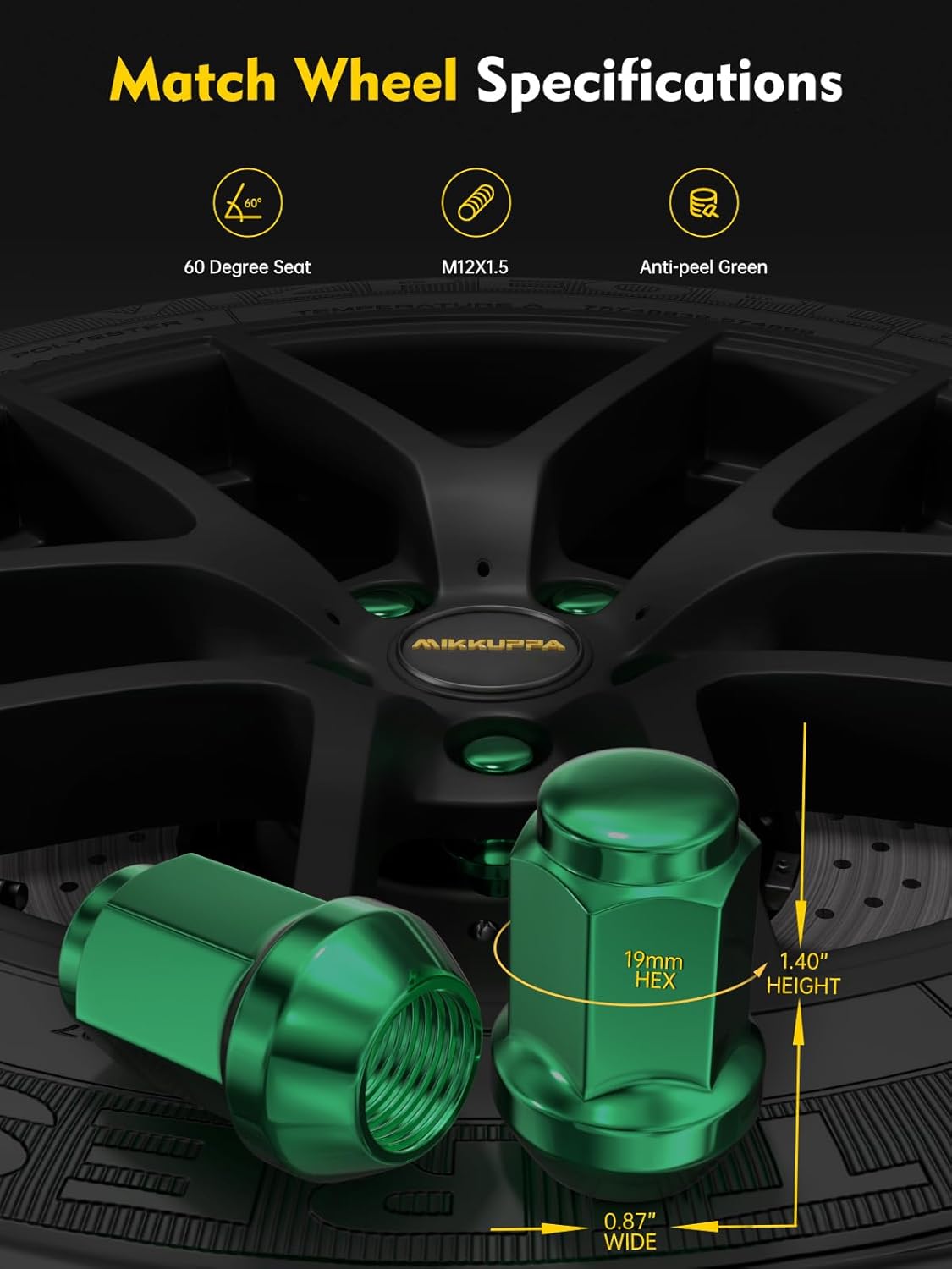 MIKKUPPA M12x1.5 Lug Nuts - Replacement for Ford Fusion, Focus, Escape Aftermarket Wheel - 20pcs Green Closed End Lug Nut