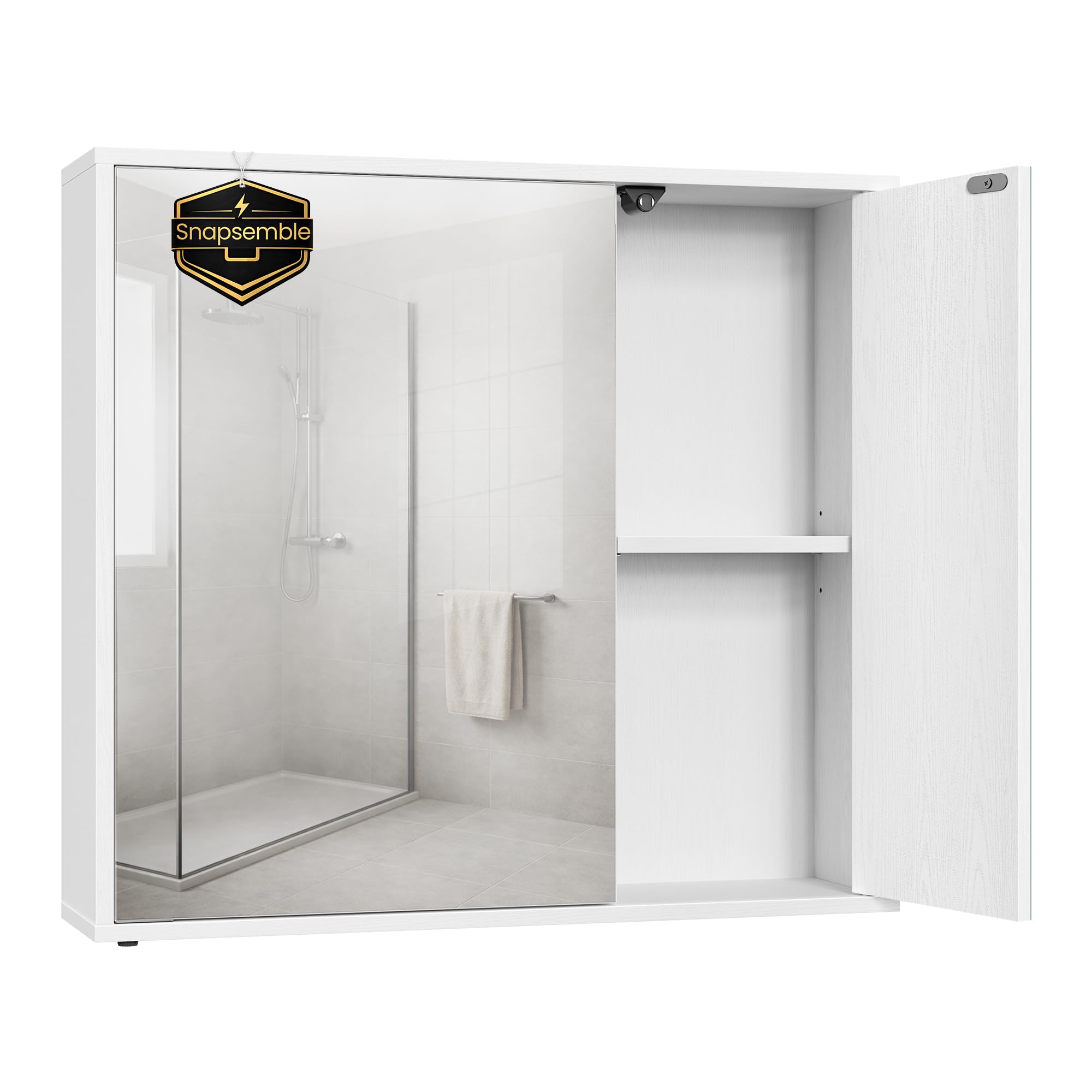 SONGMICS Home Armario de Baño con Espejo, Montaje Súper Rápido Sin Herramientas Toolless, Espejo con Compartimento, Estantes Ajustables y Puertas, Moderno, 15 x 60 x 55 cm, Blanco Nieve BBC114WE01