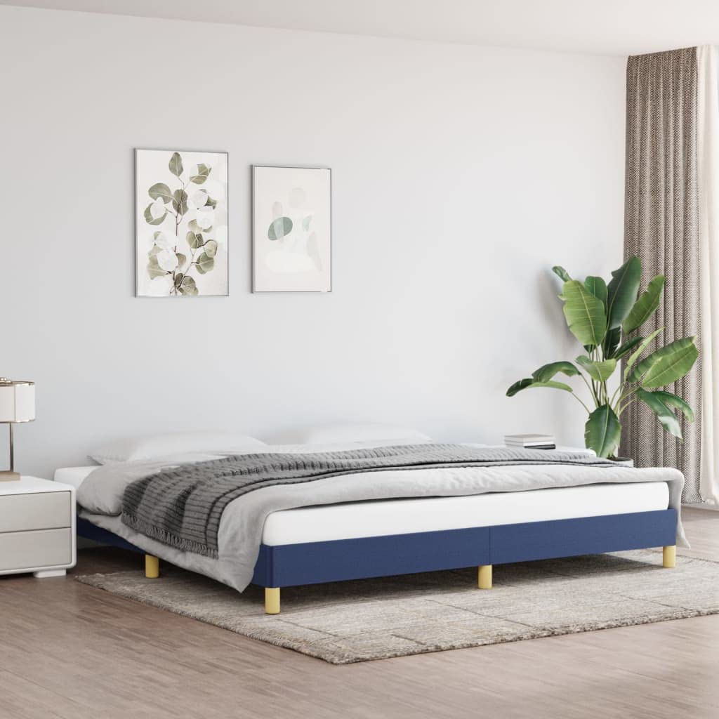 Niebieska rama łóżka bez materaca, 200 x 200 cm, obicie materiałowe, stabilne listwy ze sklejki, wytrzymałe nogi podporowe, oddychający materiał zapewnia spokojny sen, łatwy montaż