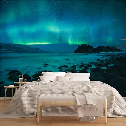 Miniatura 2 de Mural de lienzo moderno 3D, increíble Borealis bailando Uttakleiv Playa durante una fría noche ártica, despegar y pegar, autoadhesivas, removibles,