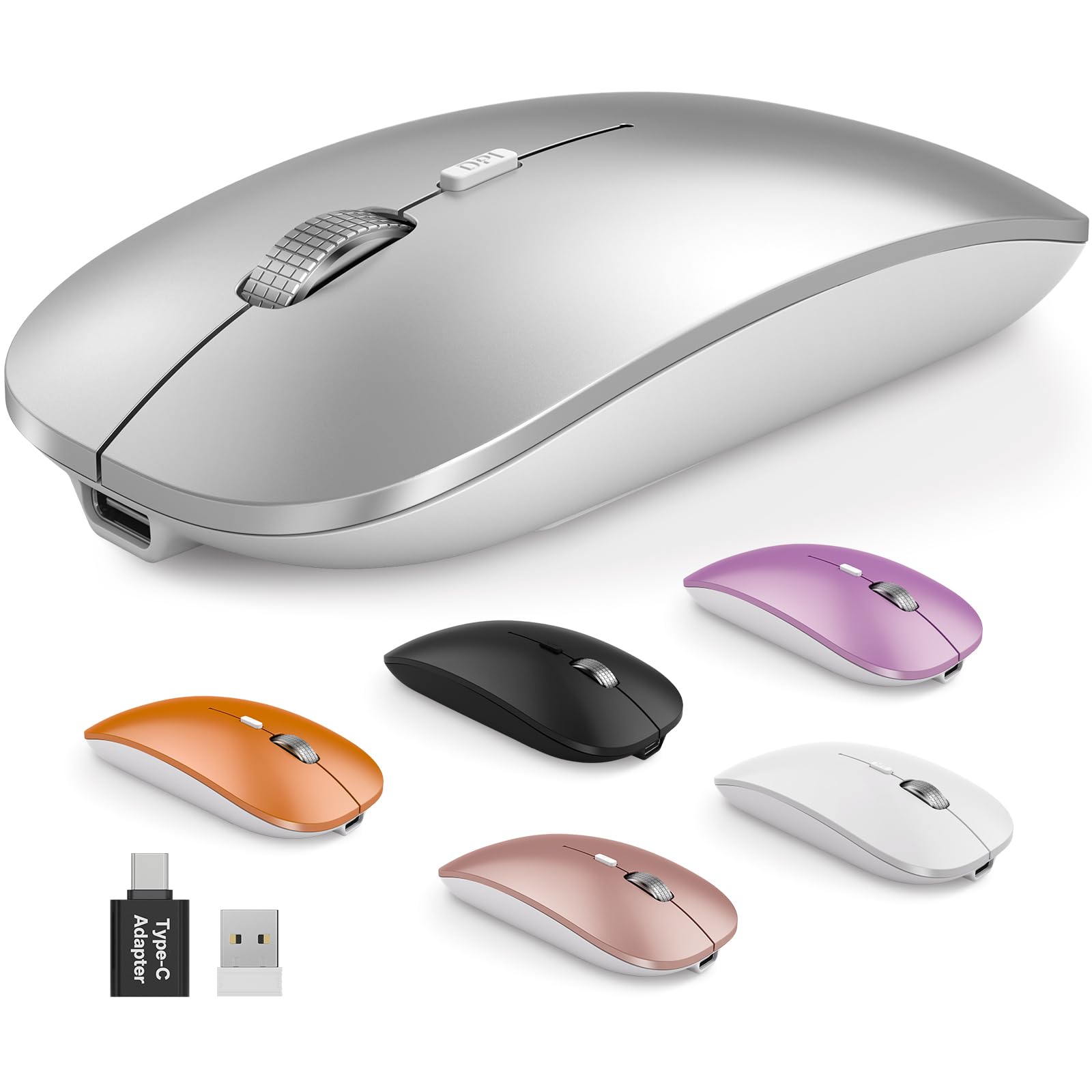 SABLUTE Bluetooth Mouse for MacBook Pro/Air, iPad - Rechargeable Tri-Mode Wireless Mouse for 3 Devices (BT 5.2 + 2.4G), Sleek Metallic Silver Slim Silent Mouse for Surface, Windows-image-9