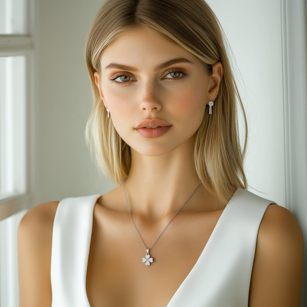 S925 Sterling Silver CZ Necklace for Women Luck Clover Heart Shape Pendant Healing Crystal Diamond Cutting Jewelry Gifts - Image 3