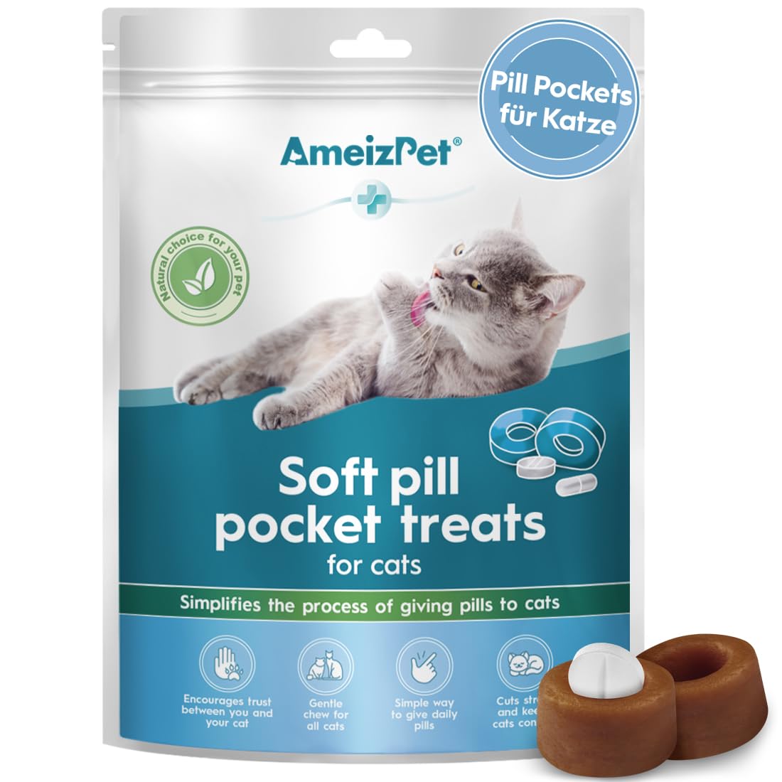 AmeizPet Pill Pockets Katze, Weiche Tabletten-Leckerlis zum Verstecken von Tabletten, Easy Pill Putty für Katzen, Stressfreie Alternative zum Cat Pill Popper, 50 g