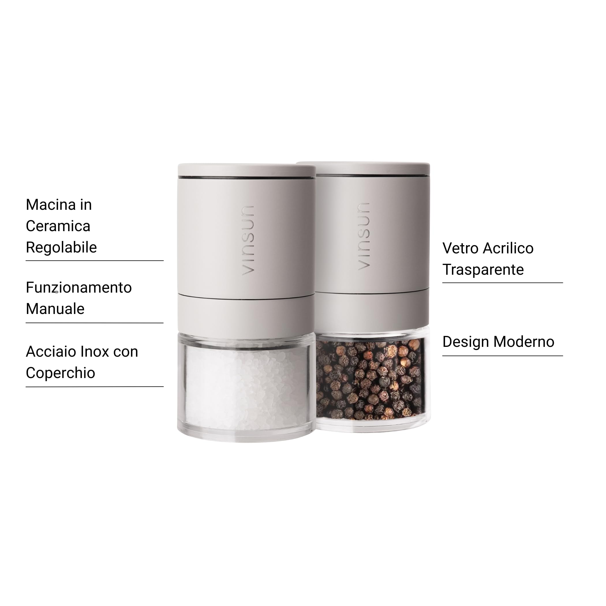 Vinsun Macina Sale e Pepe Manuale - Set di 2 Beige - Macinino Ceramica Regolabile, Acciaio Inox, Vetro Acrilico - Macina Spezie Piccolo ø51x100mm