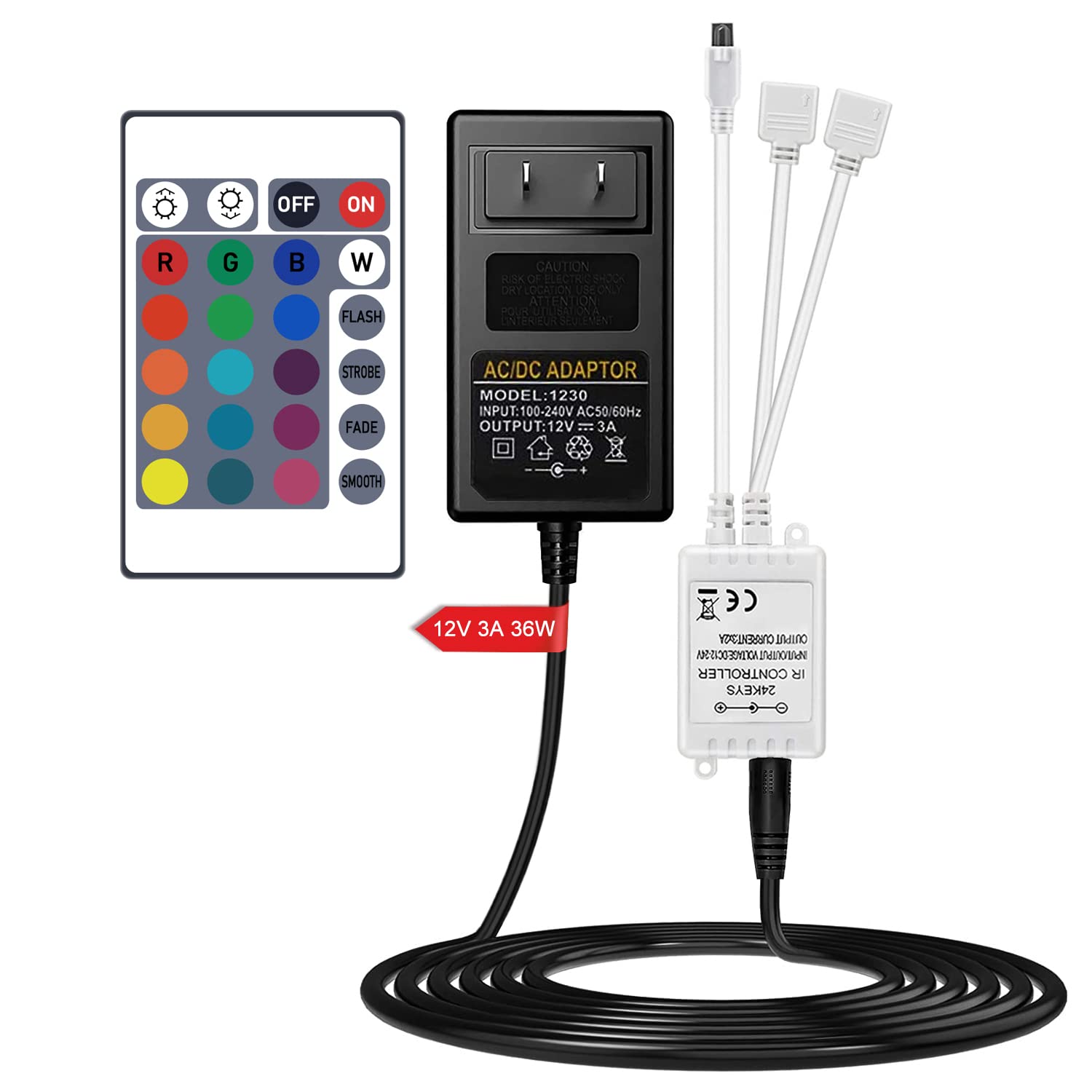 SNKIZN 24 Key Wireless IR Remote Controller, Rectifier Control Box,DC 12V 3A Power Supply Adapter,Replacement Control for SMD 5050 3528 2835 RGB LED Strip Lights