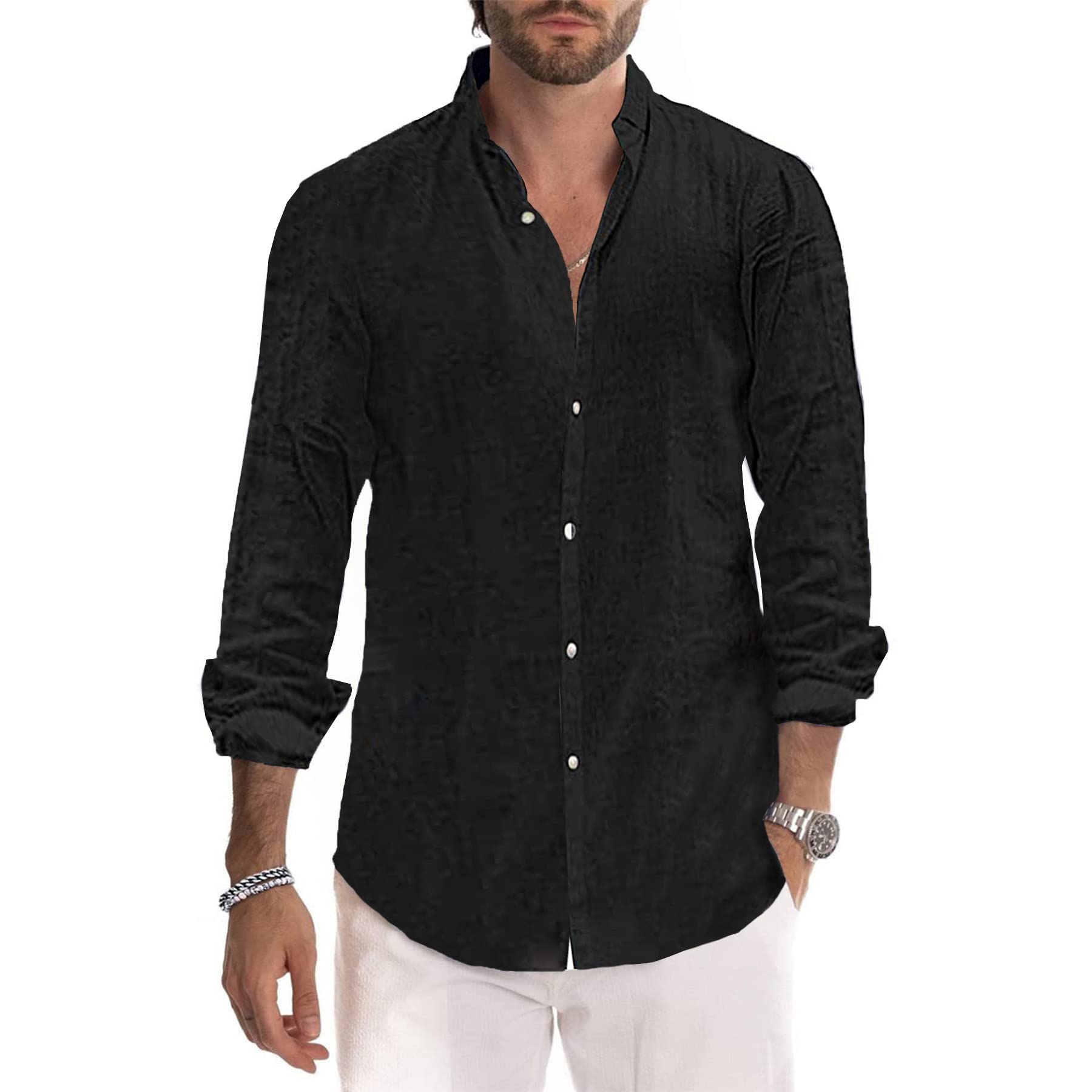 Sprifloral Camisas de algodón y lino para hombre, camisa casual de manga larga con botones, camisa de playa, M-3XL
