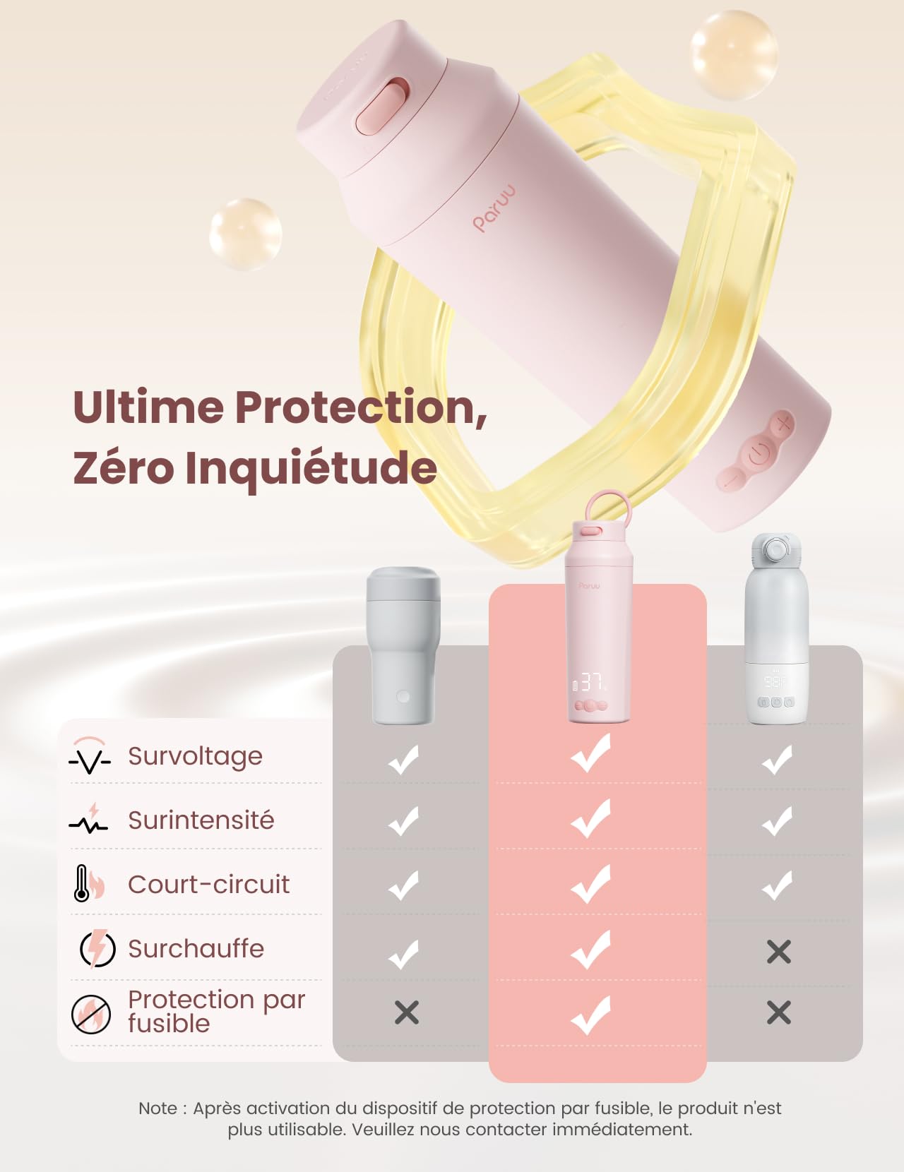 Paruu Chauffe Biberon Portable pour Nomade sans Fil, Chauffage Rapide en 2 minutes, Gros bec Facile à Nettoyer, 7 Niveaux de Température, Charge Rapide 30 W, Capacité 350 ml, Rose Clair