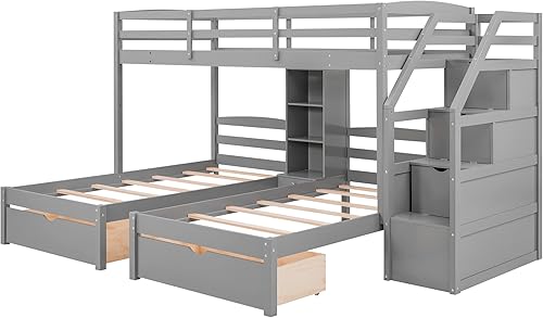 Miniatura 7 de Winwee Twin Over TwinTwin Bunk Bed with Drawers Staircase with Storage Built-in Shelves Triple Bunk Bed for Kids Teens No Box Spring Needed for