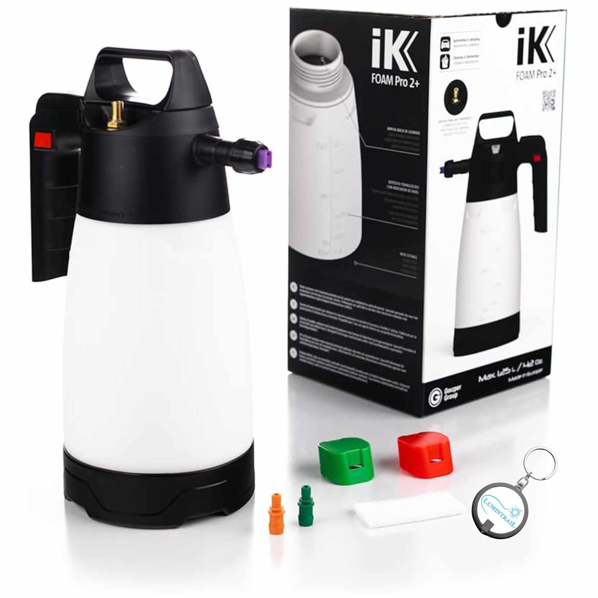Lumintrail iK Foam Pro 2+ (Plus) Sprayer - Pump Spray Foamer with Schrader Valve (1.25 Liters) with Keychain - Vehicle Detailling Tool for Cleaning, and Maintenance