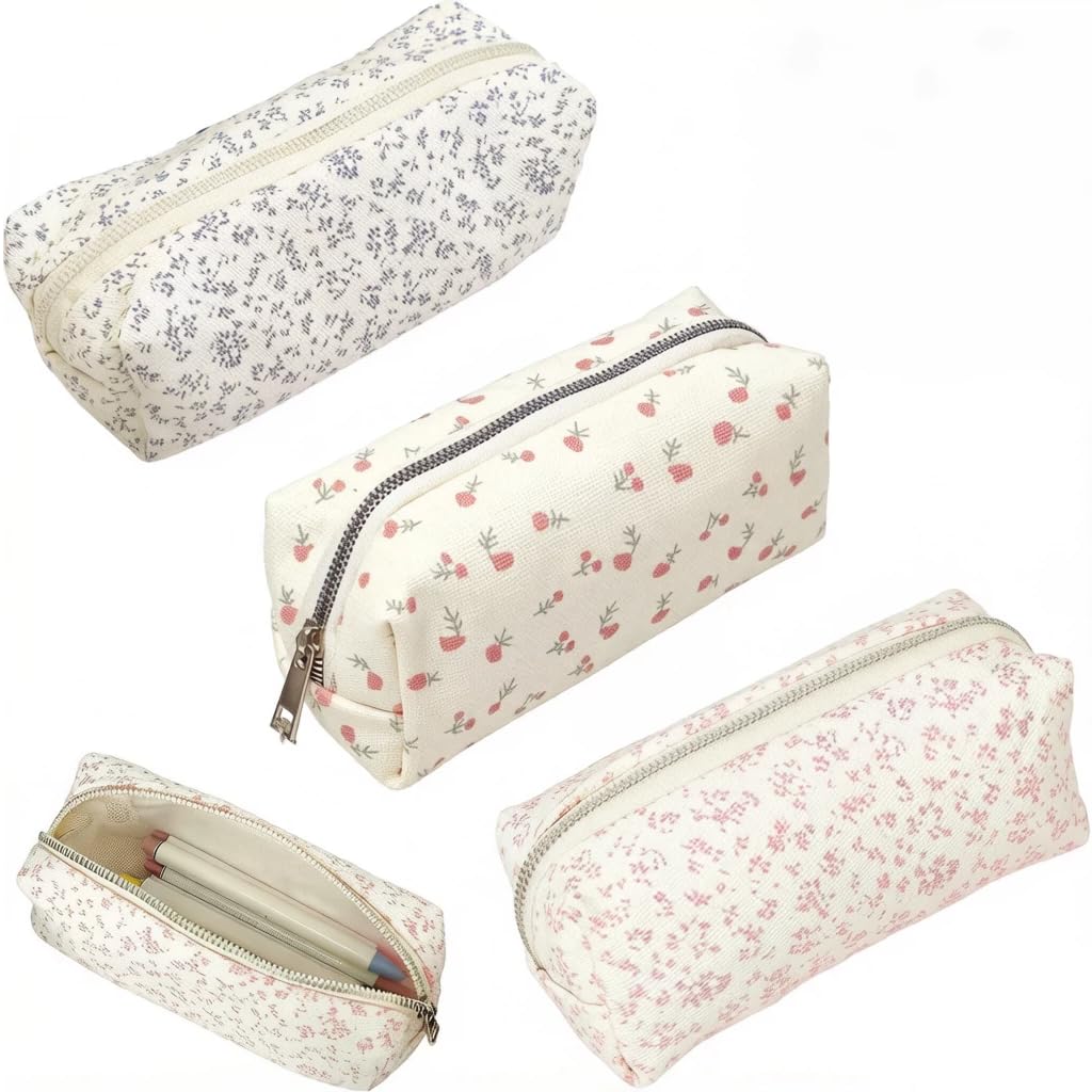 Satiskid 3 Pcs Floral Pencil Case, Cute Fabric Pencil Case, Pencil Pouches, Practical Aesthetic Pencil Bag, School Office Travel Cosmetics Organizer Set for Girls Women
