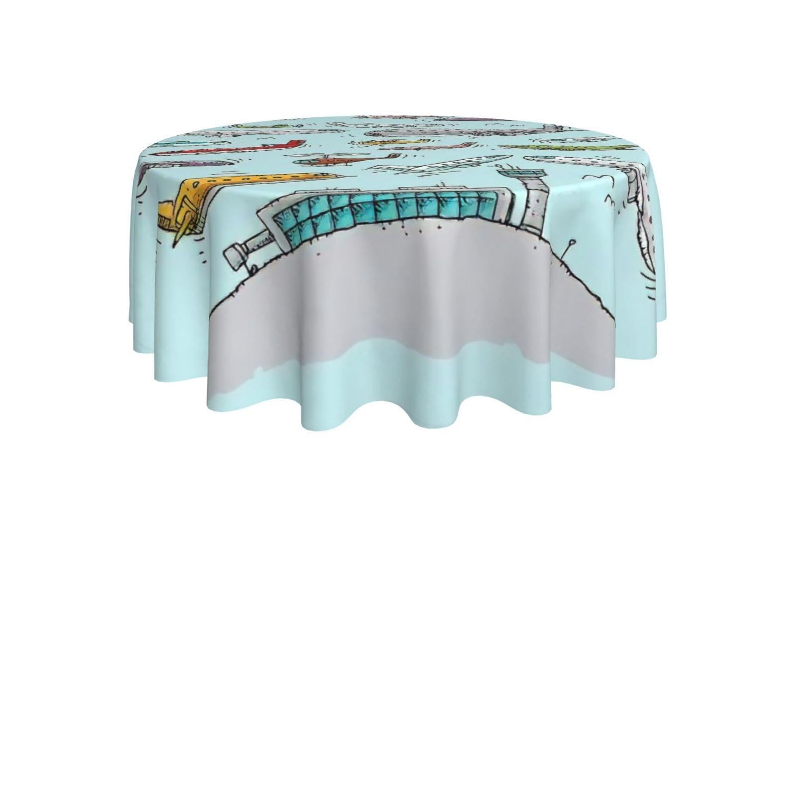ENGhjes Cartoon Airplane Print Round Tablecloth 60in Washable Stainproof Polyester Cloth for Kitchen Idea