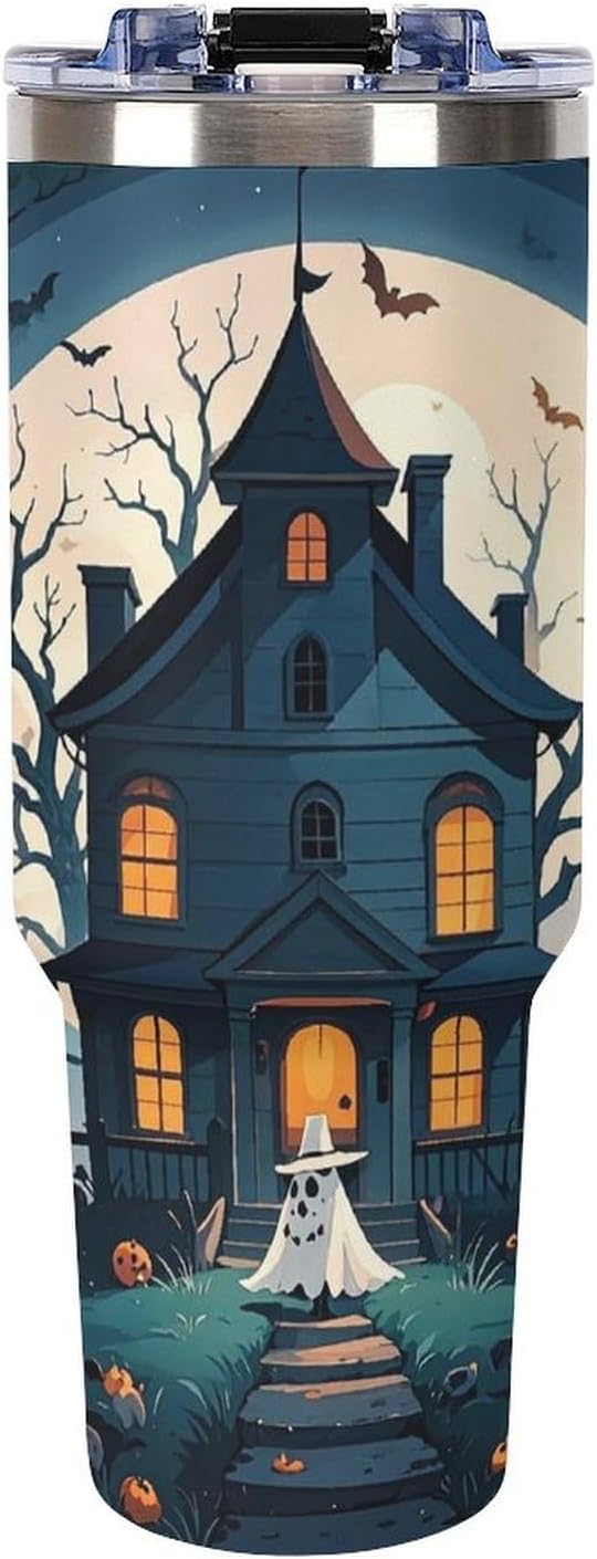 Haunted House Tree Witch Halloween Travel Coffee Mug Reusable Durable Stainless Steel Insulated Tumbler with Handle And Straw Leak Resistant Portable Thermal Cup Gifts for Men Women 40 Oz