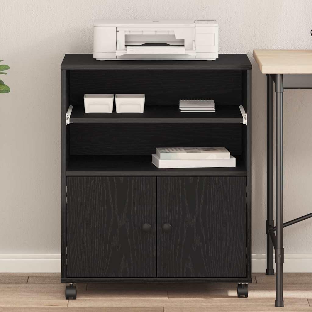 Druckerständer Schwarz Eichen-Optik 60 x 48 x 74 cm, kompaktes Druckerregal aus Holzwerkstoff mit schwarzen Knöpfen, Stabiler Druckerunterschrank für Home-Office und Büro,