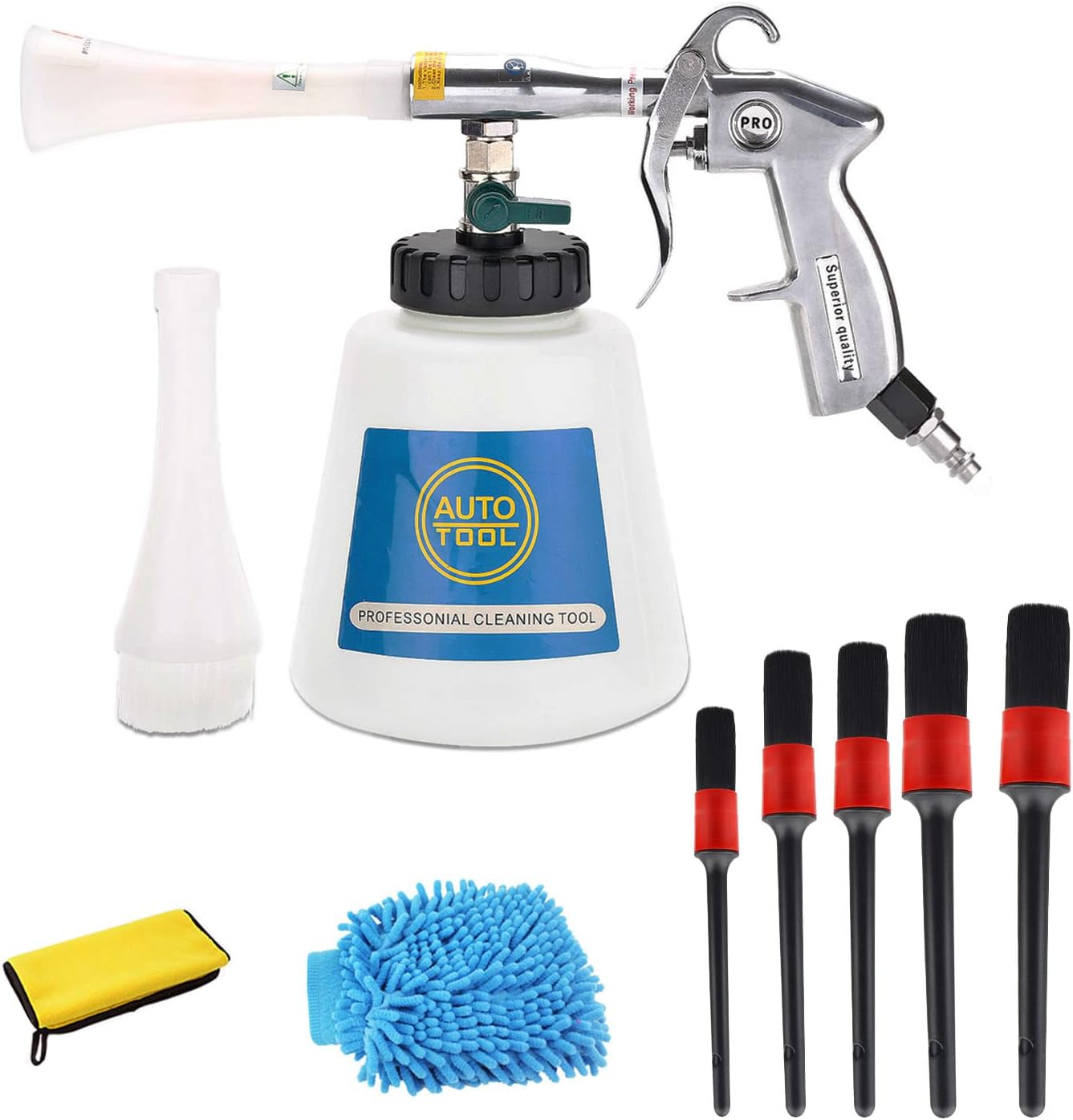 Druckluft Reinigungspistole KHCY Waschpistole Auto Reiniger, Mit Bürste Trichter TRÖTE, Tornado Effect Reinigung, 1000ml, 1/4" Lufteinlass, Einstellbarer Luftdruck Für Autopflege Autositze Schaumpistole Reiniger