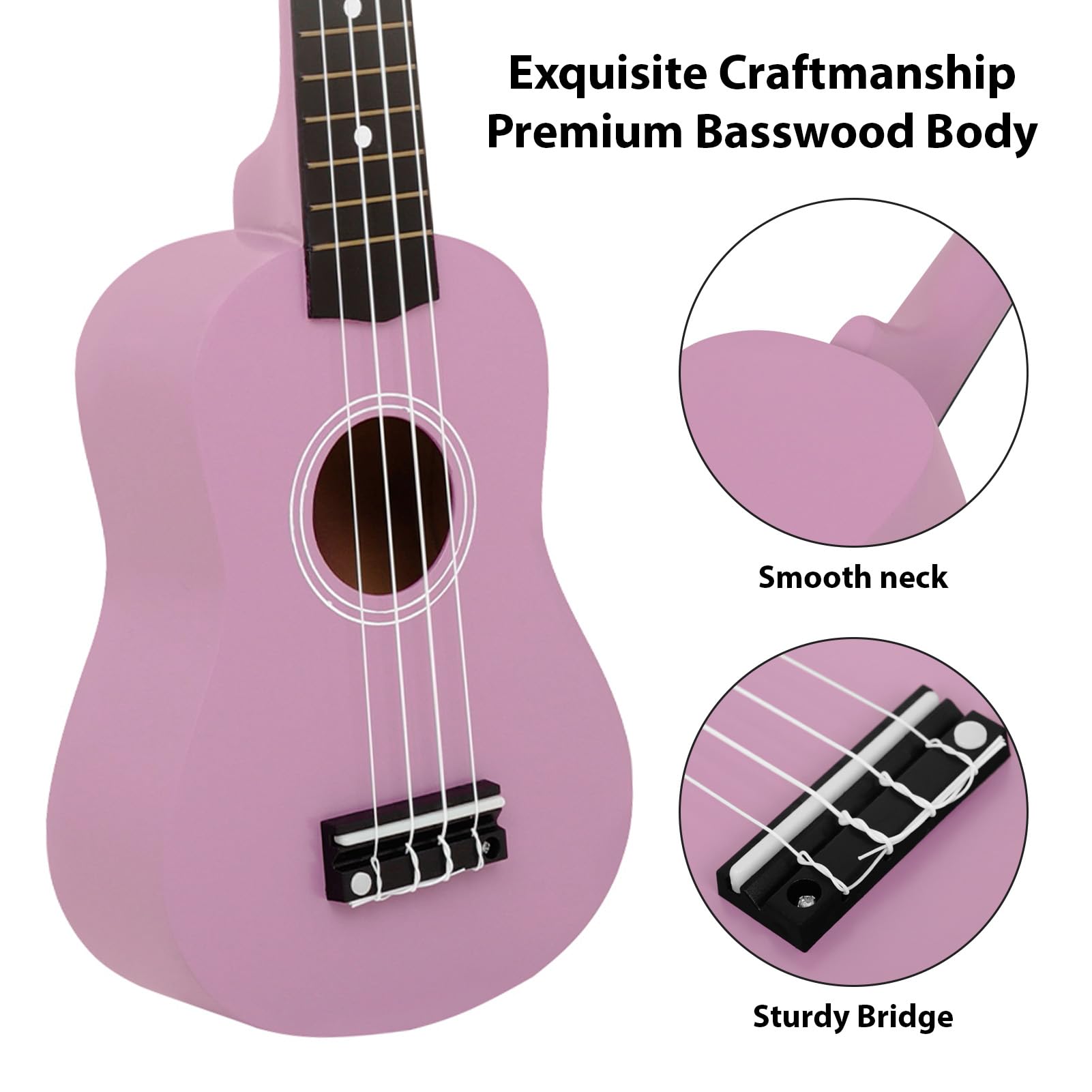 Generic Bunte 21-Zoll-Ukulele für Anfänger mit Stimmgerät, Kapodaster, Plektren und Gigbag, Lindenholz-Ukulelen-Starterset für Erwachsene und Kinder (PINK)