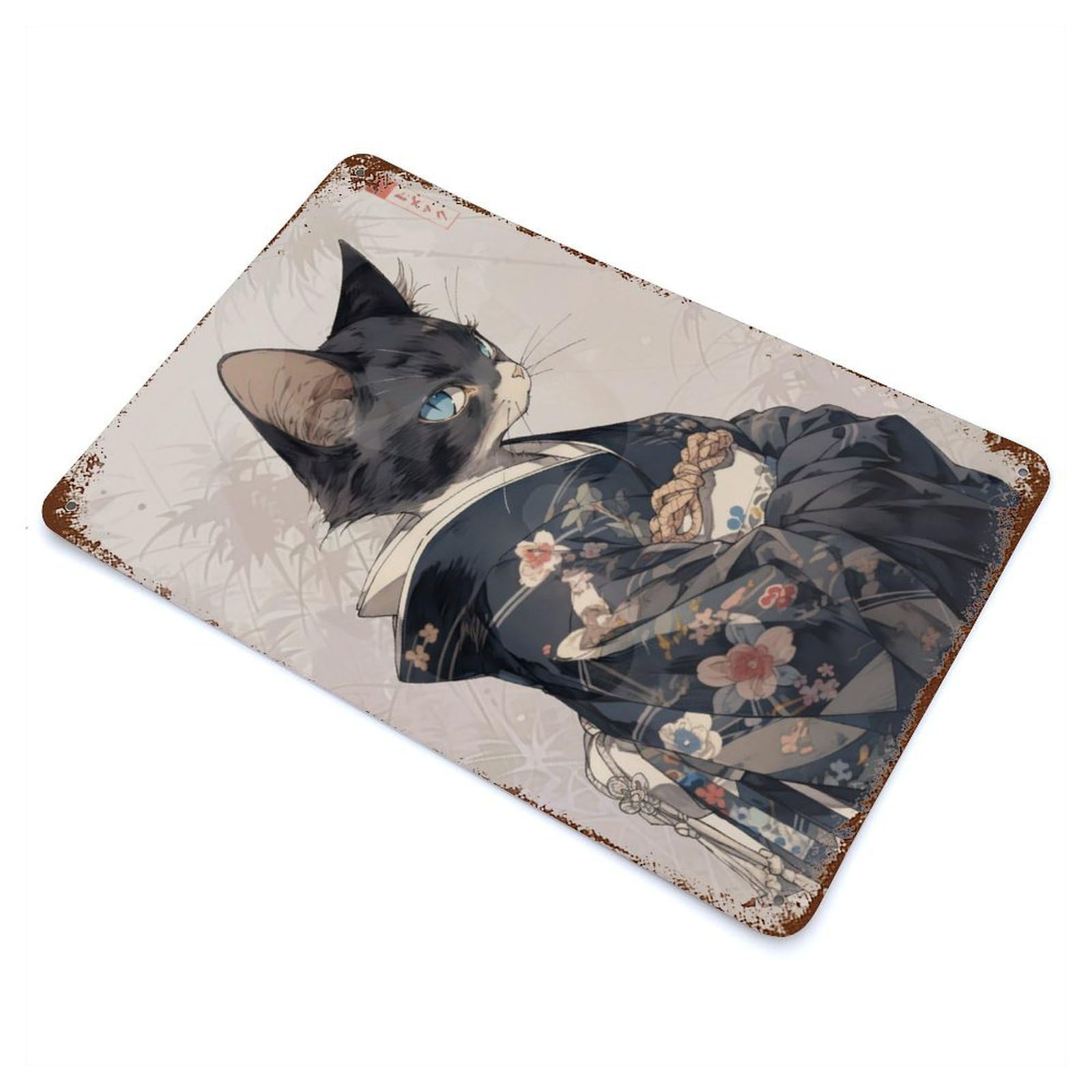Rust Effect Edo Cat Geisha Rusty Metal Tin Sign 11.8"x7.9", Old School Wall Decor for Cafe, Home Bar And Lounge Decor