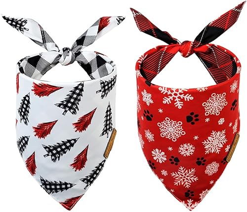 Crowned Beauty Bandanas de Navidad para perros, paquete de 2 unidades, juego de árbol de nieve, triangulares, ajustables, a cuadros, reversibles,