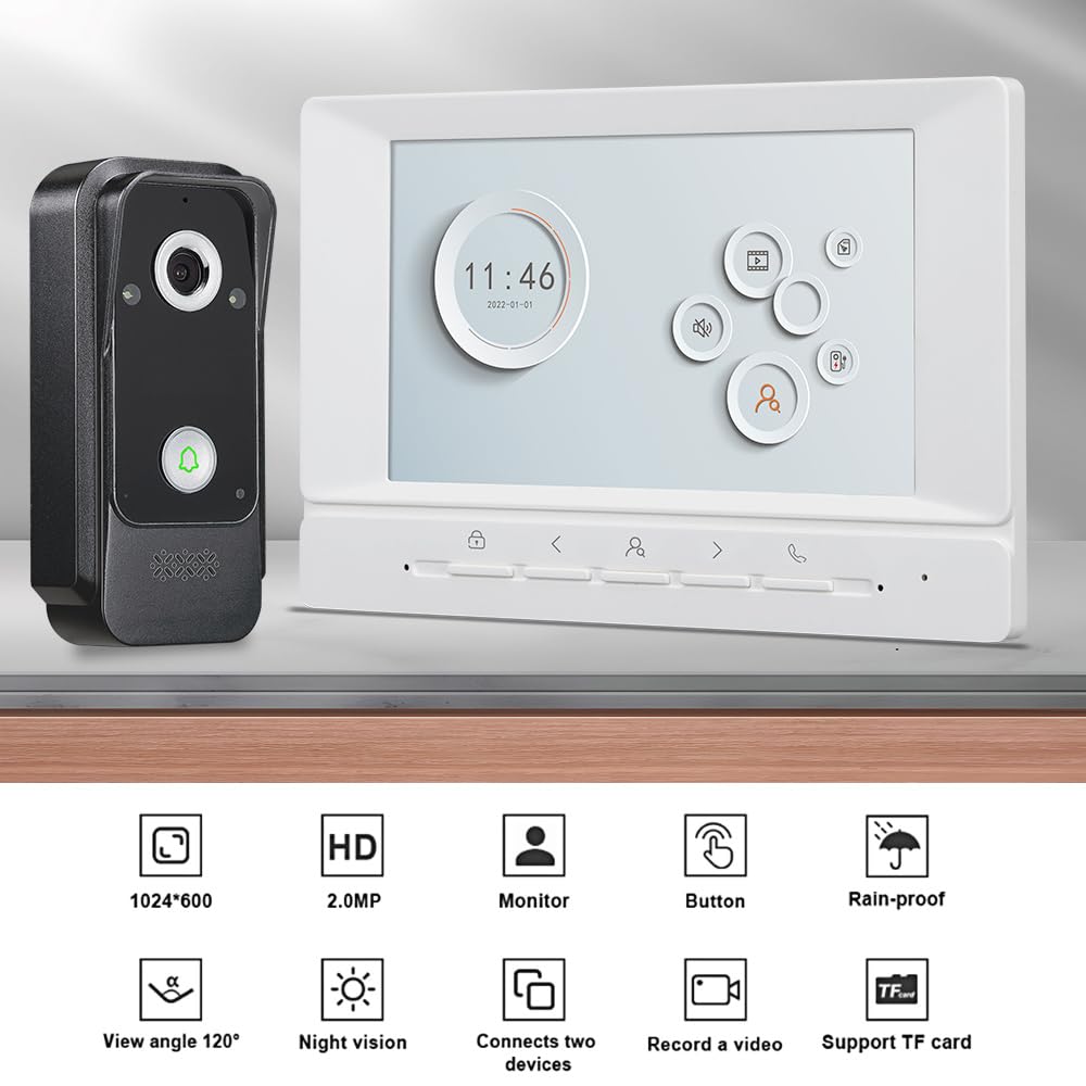 7 Zoll IPS Cable Sistema de Intercomunicación 1080P HD Videoportero, Timbre Vídeo Cámara Visión Nocturna y 2 Monitores Pantalla, Audio Bidireccional y Desbloqueo