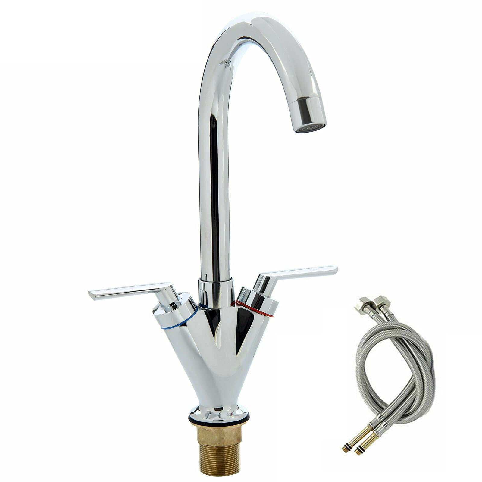 Kitchen Sink Mixer Taps Twin Dual Lever Spout Chrome Modern Kitchen Sink Basin Mono Brass Faucet Swivel 360° with Hose Chrome Faucet