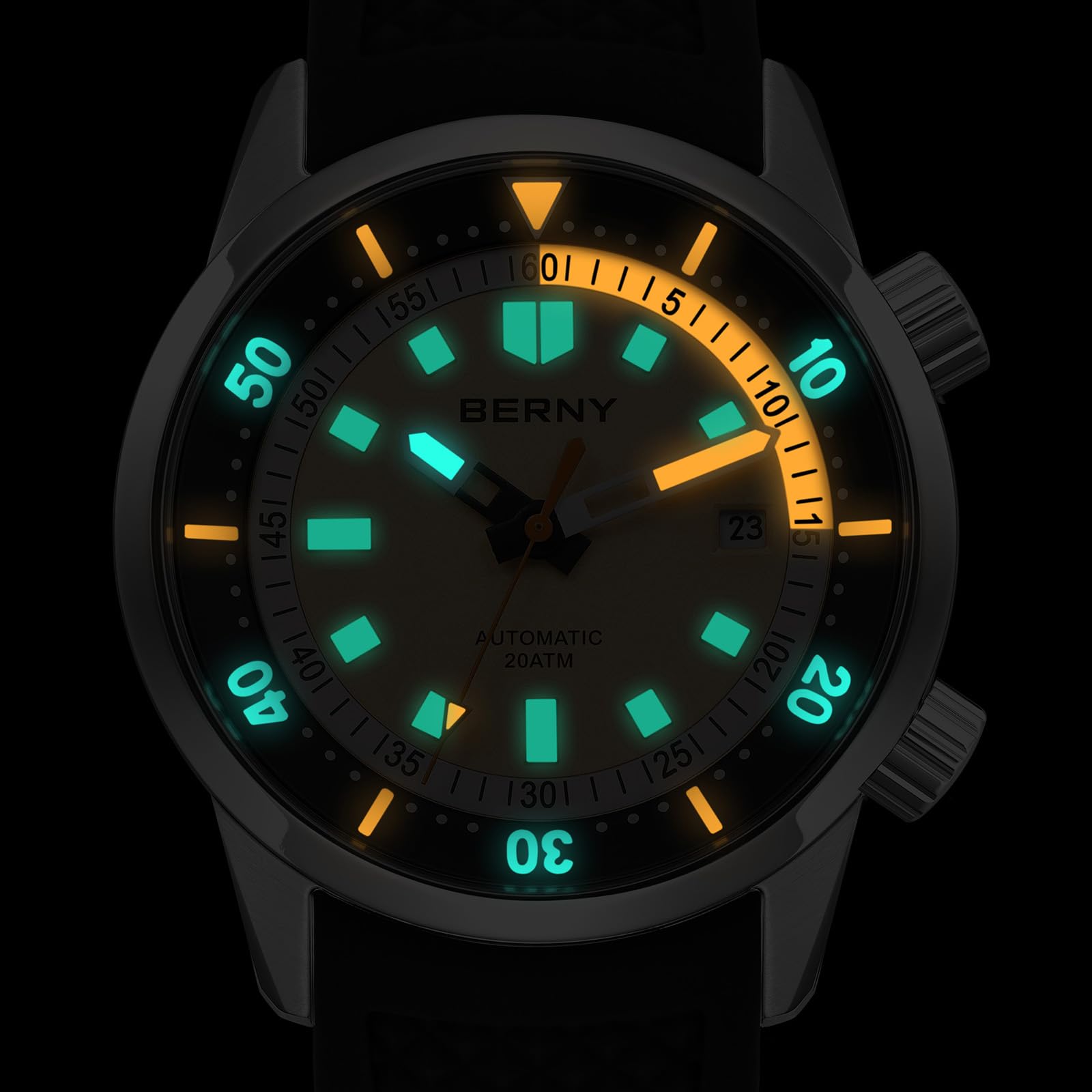 BERNY Taucheruhr für Herren, automatische mechanische Uhr, 20 ATM Armbanduhr, Saphirglas, super leuchtende männliche Taucheruhren