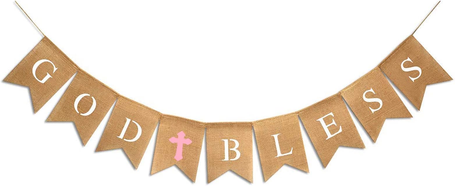 GOD BLESS Banner Baby Shower Baby Girl Christening Baptism Decoration Birthday Party Favors
