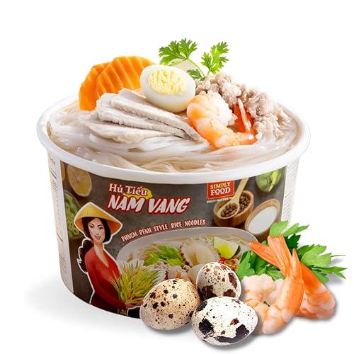 SIMPLY FOOD Fideos instantáneos de arroz Phnom Penh (H Tiu Nam Vang)  9 tazones2.65 oz cada uno  Deliciosos, finos, planos, fideos de arroz blanco