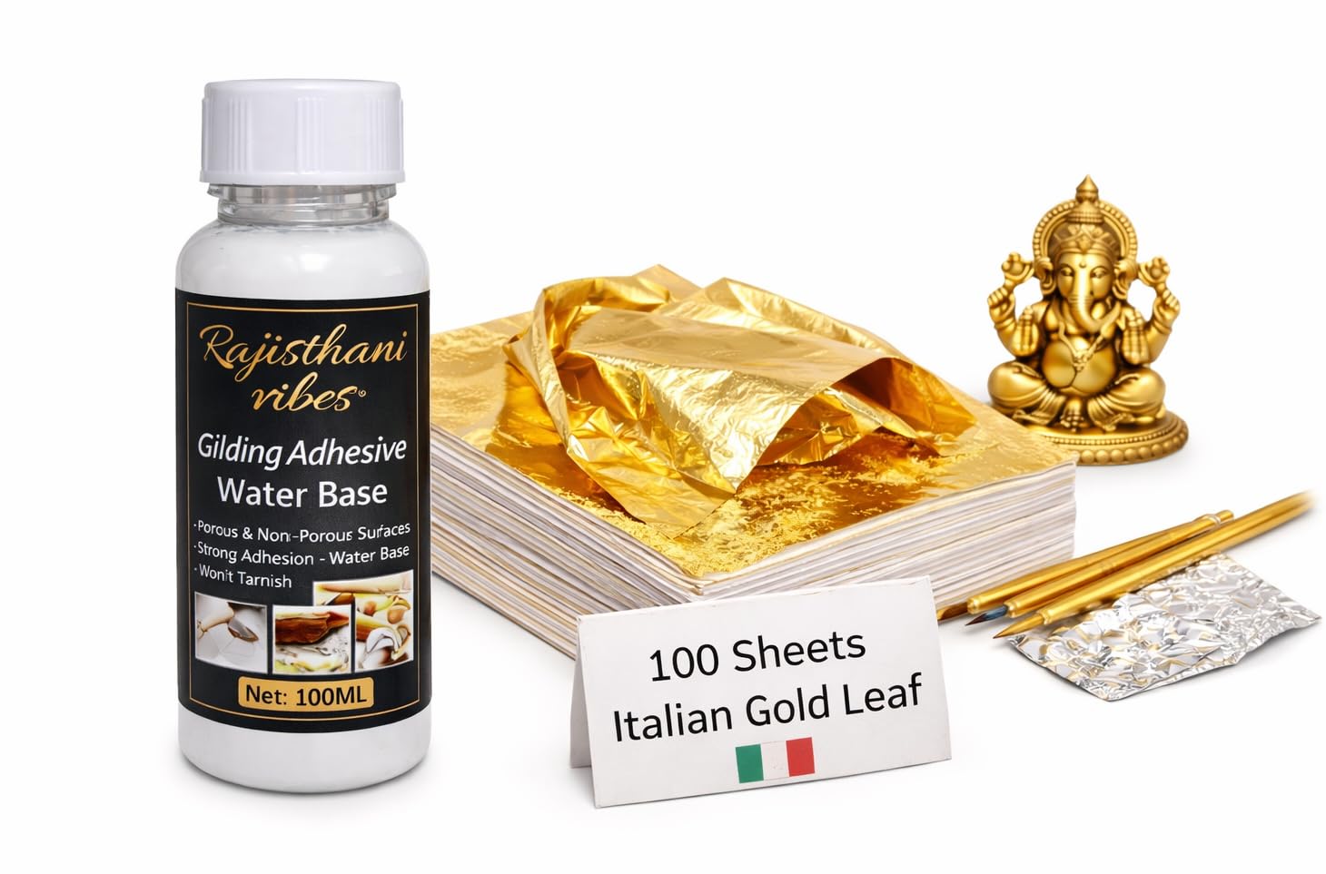 Italian Gold Leaf Sheets, 100 Sheets, 14x14 cm, Metallic Finish, with 100ML Water-Based Gilding Adhesive, for Art, Craft, Furniture, DIY Decoration-image-49