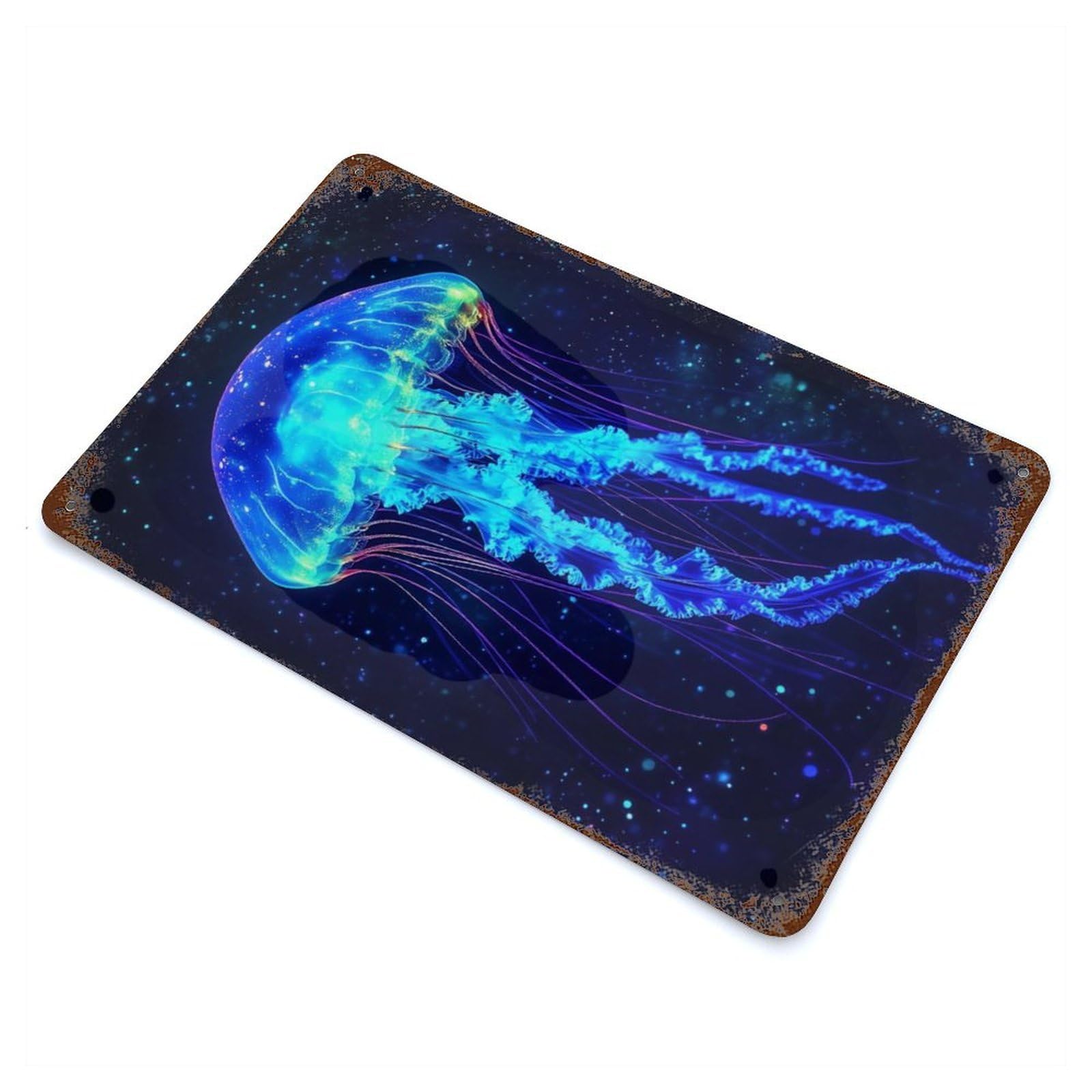 Bioluminescent Jellyfish Rust Effect Tin Sign 11.8"x7.9", Rustic Home Decor for Garage, Bar And Workshop Decor