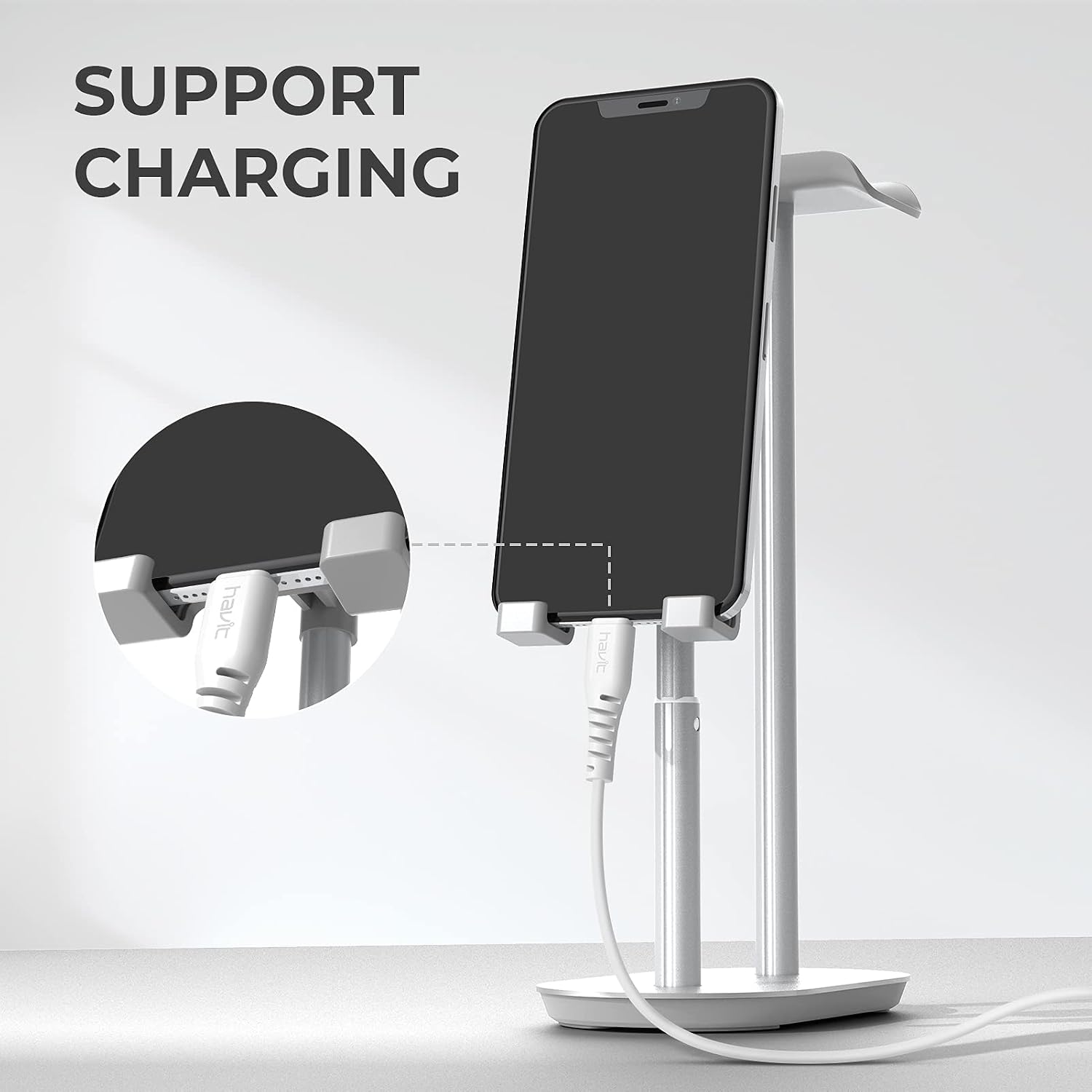 havit Cell Phone and Gaming Headset Stand, Headphone Holder, Adjustable Phone Stands, Aluminum Desktop Headphone Holder for Desk, for 0.55'' Thick Smartphone Kindle Tablet