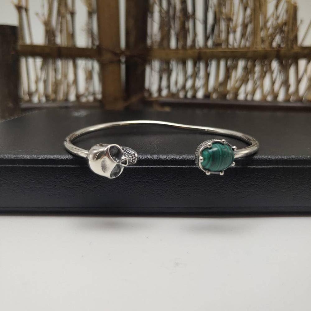Brazalete S925 Plata Esterlina Retro Pulsera Ajustable Hombre Cráneo Malaquita Pulsera Mujer Mano Joyería Moda Personas Simple Cien con