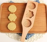 Vista 5 de Molde MoonCake - Molde chino tradicional de mediados de otoño para pastel de luna, molde de 3 flores en forma de madera, hecho a mano