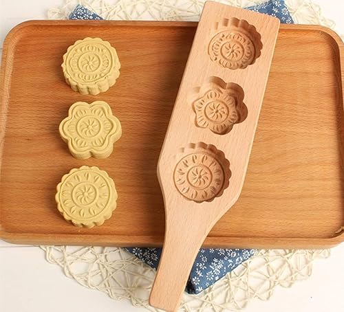 Miniatura 5 de Molde MoonCake - Molde chino tradicional de mediados de otoño para pastel de luna, molde de 3 flores en forma de madera, hecho a mano, para