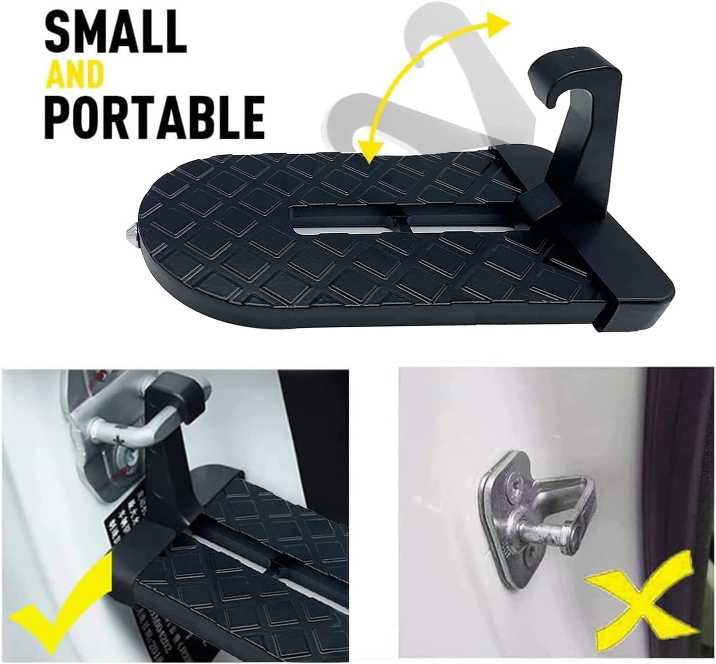 Foldable Car Door Step Universal Latch Hook Foot Pedal Aluminum Alloy Roof Access Ladder SUV Truck Safety Step Anti Slip Climbing Tool Emergency Hammer Function Vehicle Rooftop Access Portable Black 2