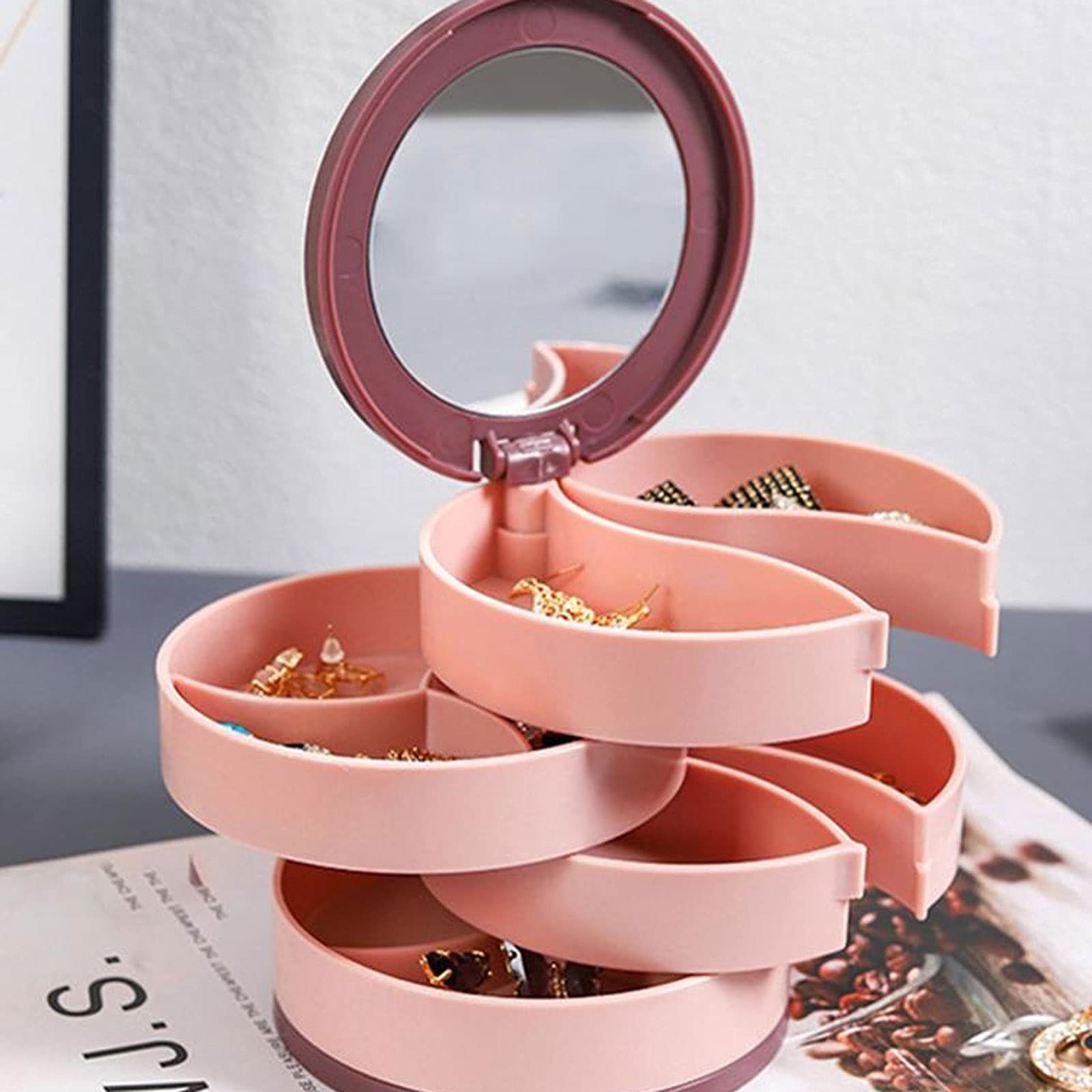 Almacenamiento montado en el armario Joyero giratorio de 360 ​​grados Estuche de almacenamiento Anillos de 4 capas Collar Pendientes Organizador Pulseras Titular con cubierta de espejo ( Color : Pink