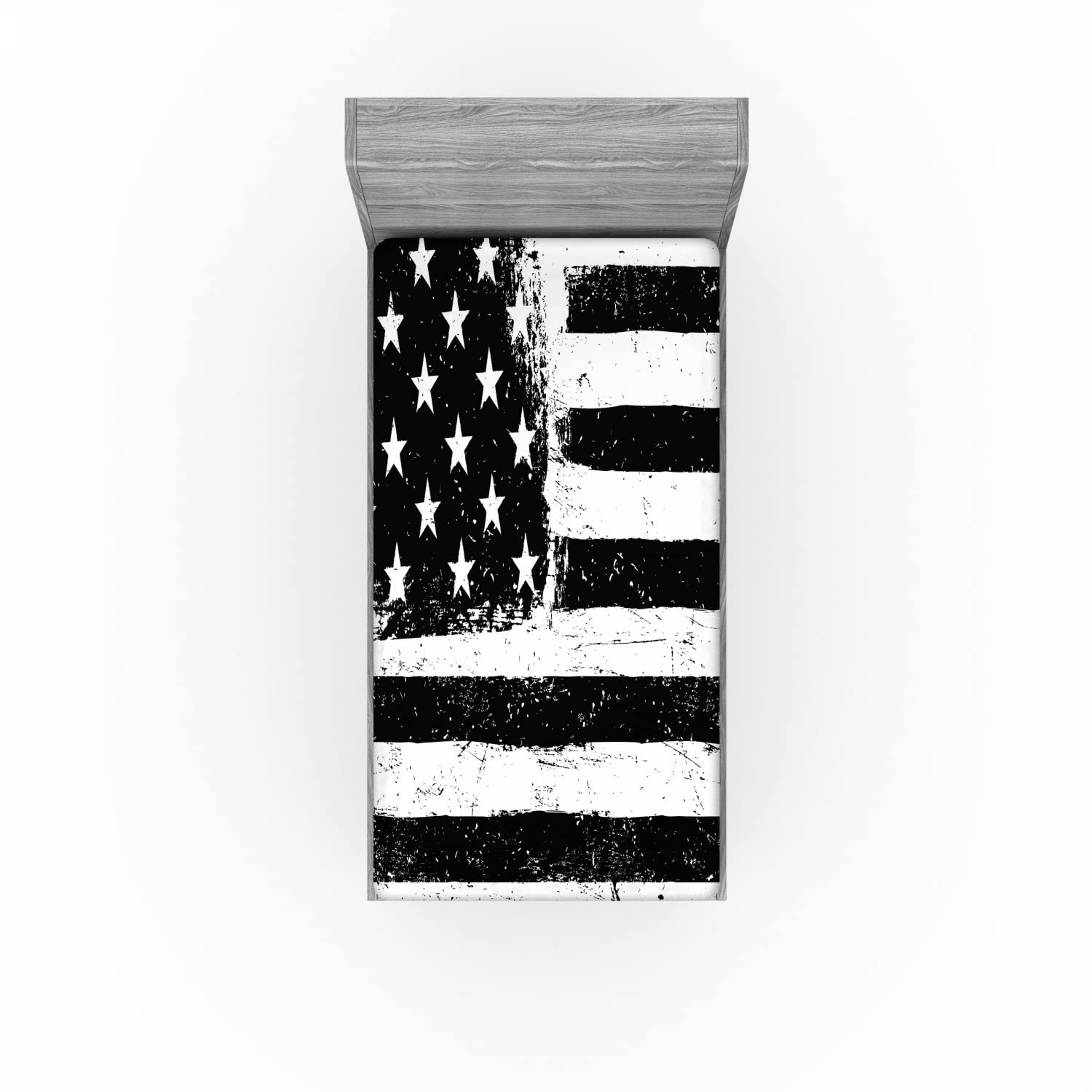 Ambesonne United States 2 Pack Fitted Sheet, Black and White Flag, Bed Cover All-Round Elastic Deep Pockets 2 Pieces, Package Contains 2 Twin Size Fitted Sheets, Black