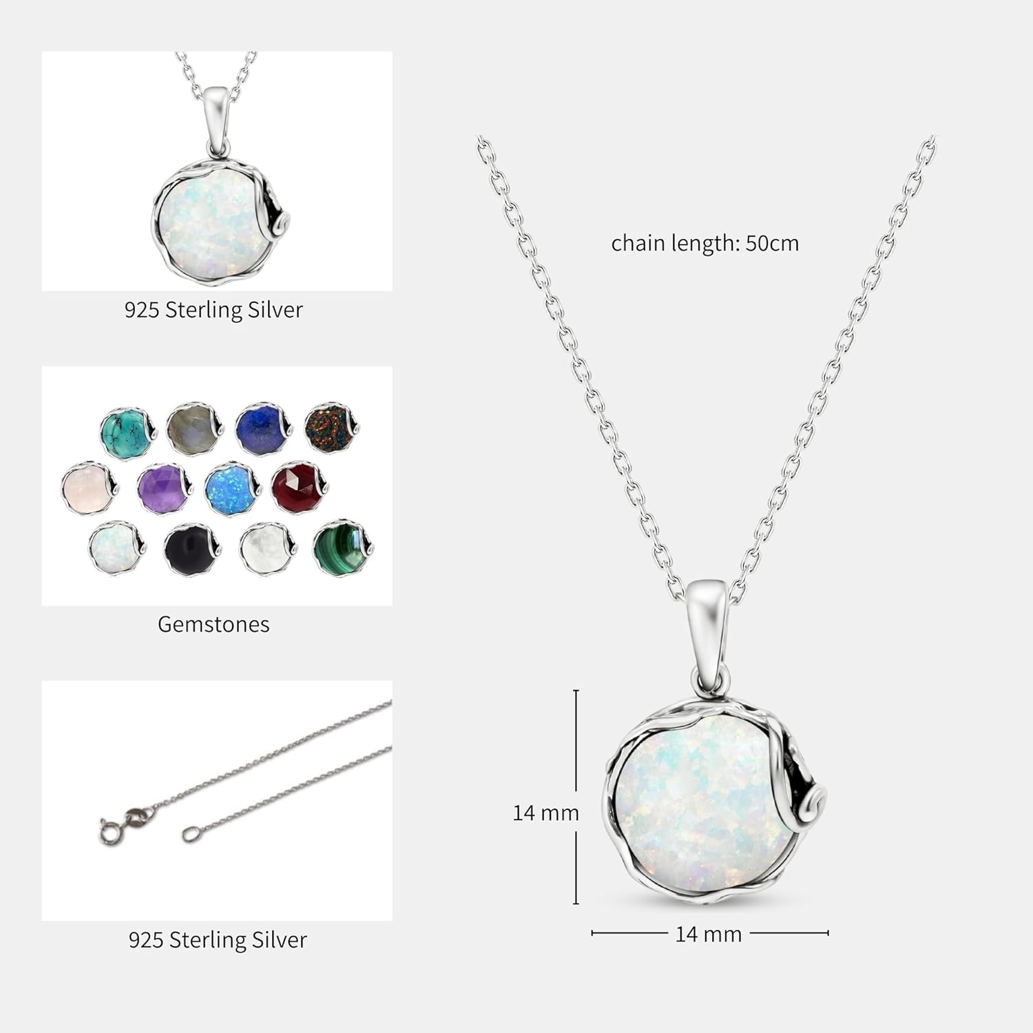 ADITA GOLD 925 Sterling Silver White Opal Necklace - 14mm Round Gemstone - White Opal Necklace for Women - 50cm Cable Chain - October Birthstone Opal Jewelry - For Classy Gift and Everyday Wear - Image 7