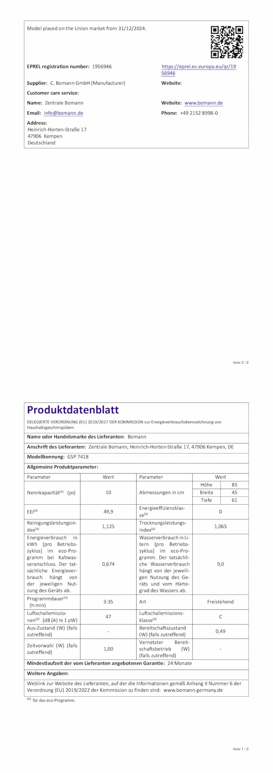 Bomann Geschirrspüler 45 cm 10 Maßgedecke Stand Unterbau 7 Programme 2 Sprühebenen Startvorwahl LED-Display GSP 7418 schwarz