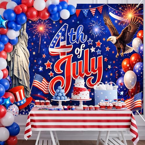 Image of BlissYard 4th of July Backdrop Independence Day Patriotic Decorations Statue of Liberty Bald Eagle Fireworks Party Banner 8x6ft Fourth of July Party Decor USA Patriotic Holiday Decoration