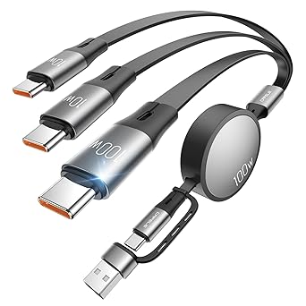 CAFELE Retractable Charging Cable, 100W USB C Fast Charger Cable 3 in 1 with [30-130cm] Adjustable Length, Multi-Port Cord for Laptop, Phone, Car, Travel - PD3.1/QC5.0Grey