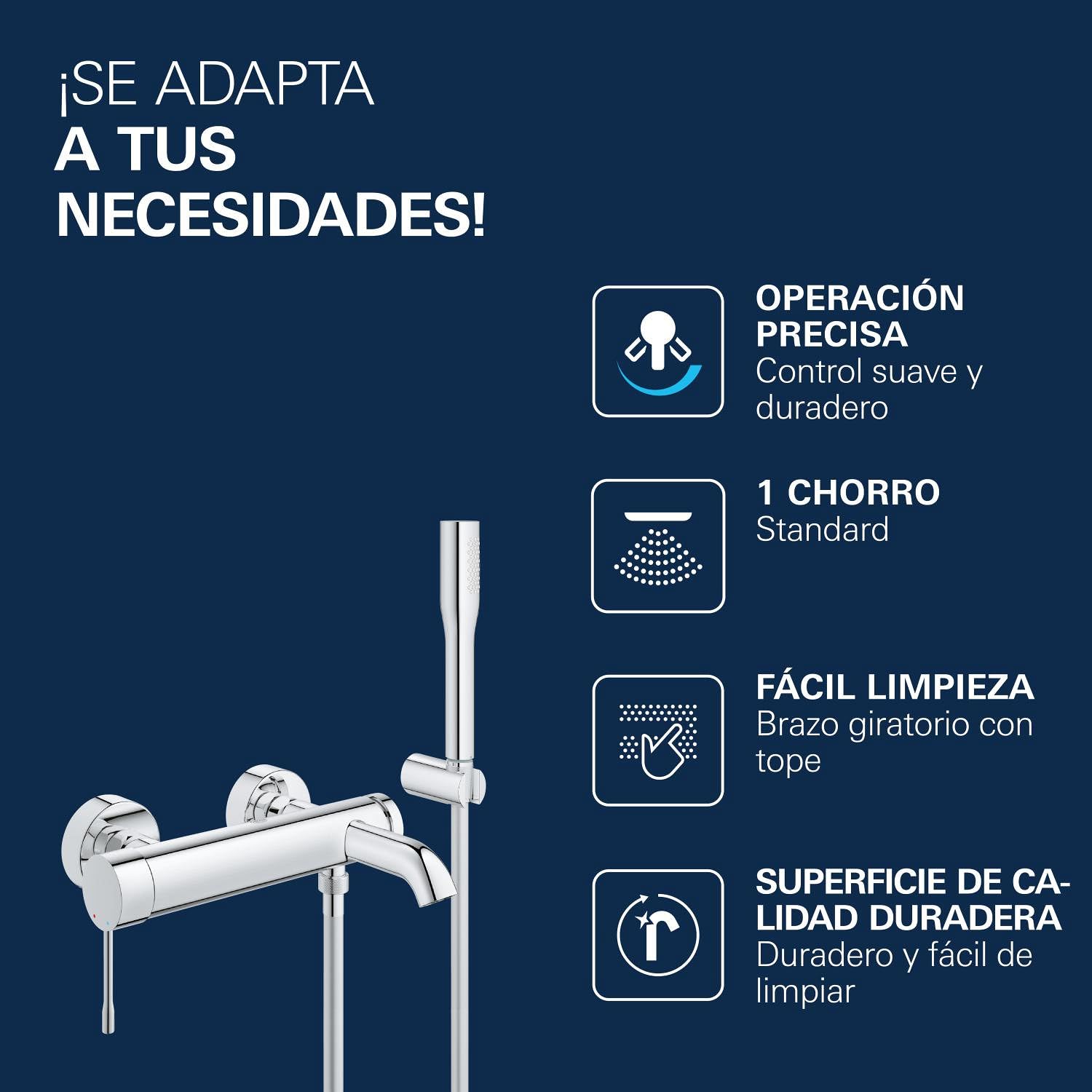 GROHE Essence – Grifería de bañera con teleducha (Set completo para la bañera, grifo de ducha con válvula antirretorno integrada, inversor automático para bañera y ducha), cromo, 33628001