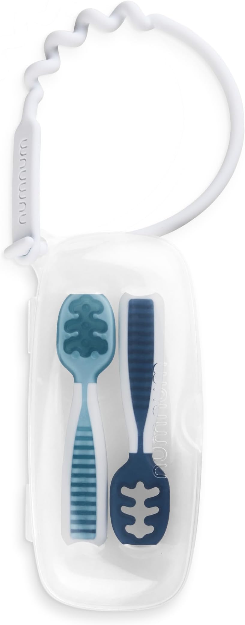 GOOtensil Pre-Spoons + Travel Case | Baby Spoon Set (Stage 1 + Stage 2) | BPA Free Silicone Self Feeding Toddler Utensils | For Kids Ages 6 Months+, 2 Spoons, Blue/Navy