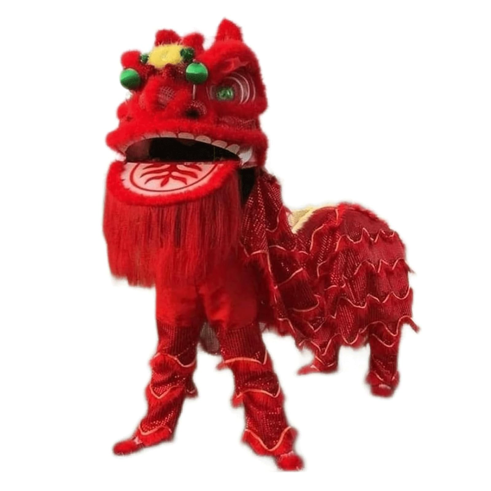 Costume Danza Del Leone Cinese - Completo Testa+Coda+Pantaloni, Rosso, Per Festival E Benedizioni