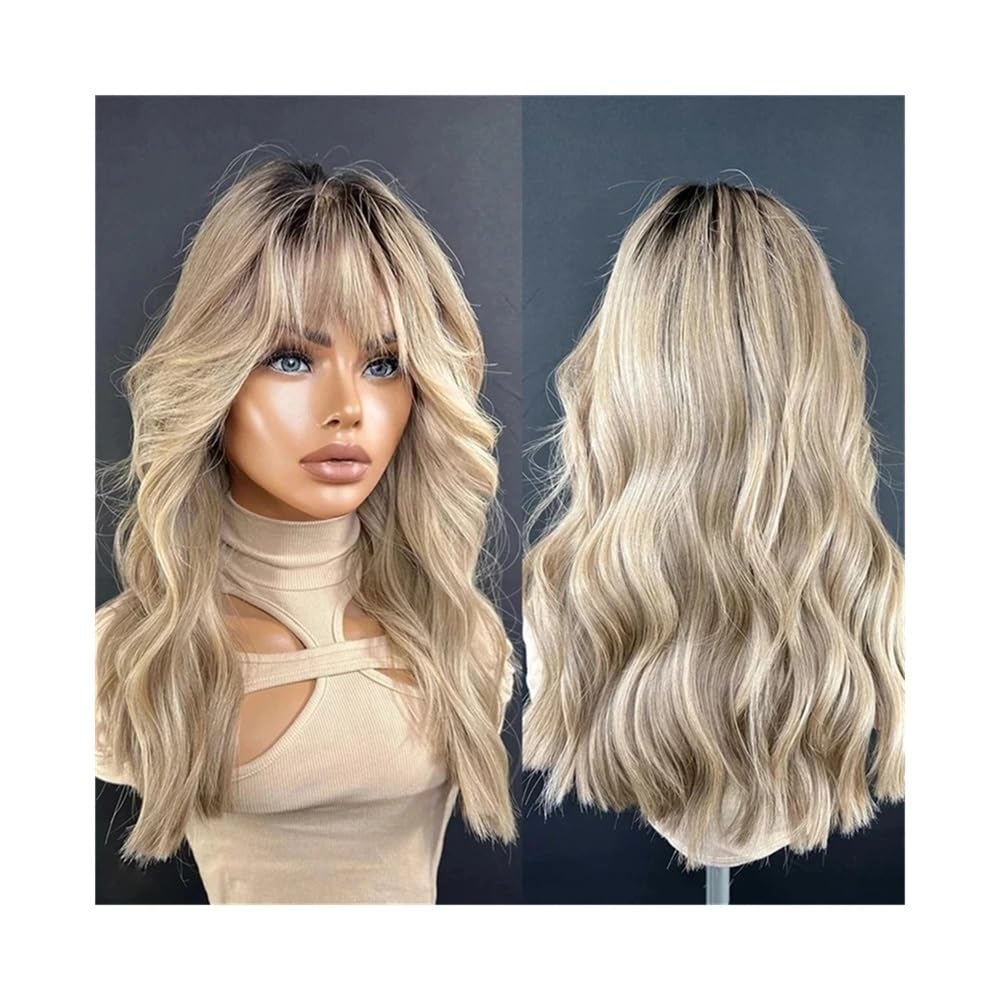 Peruki z koronką falową Peruki z koronką dla kobiet Ombre Ash Honey Blonde Kolorowe peruki bez kleju z grzywką Peruka syntetyczna Peruki z naturalnych włosów syntetycznych(24inches)