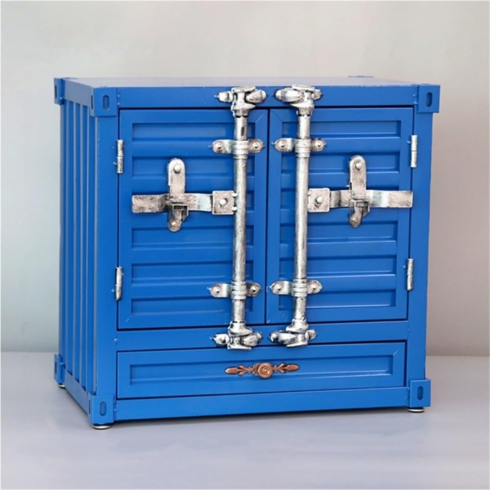 AXFCBDF Wrought Iron Bedside Table, Large Capacity Nightstand, Industrial Style Side Table, Multifunctional Accent Table, Retro Storage Cabinet(Blue)